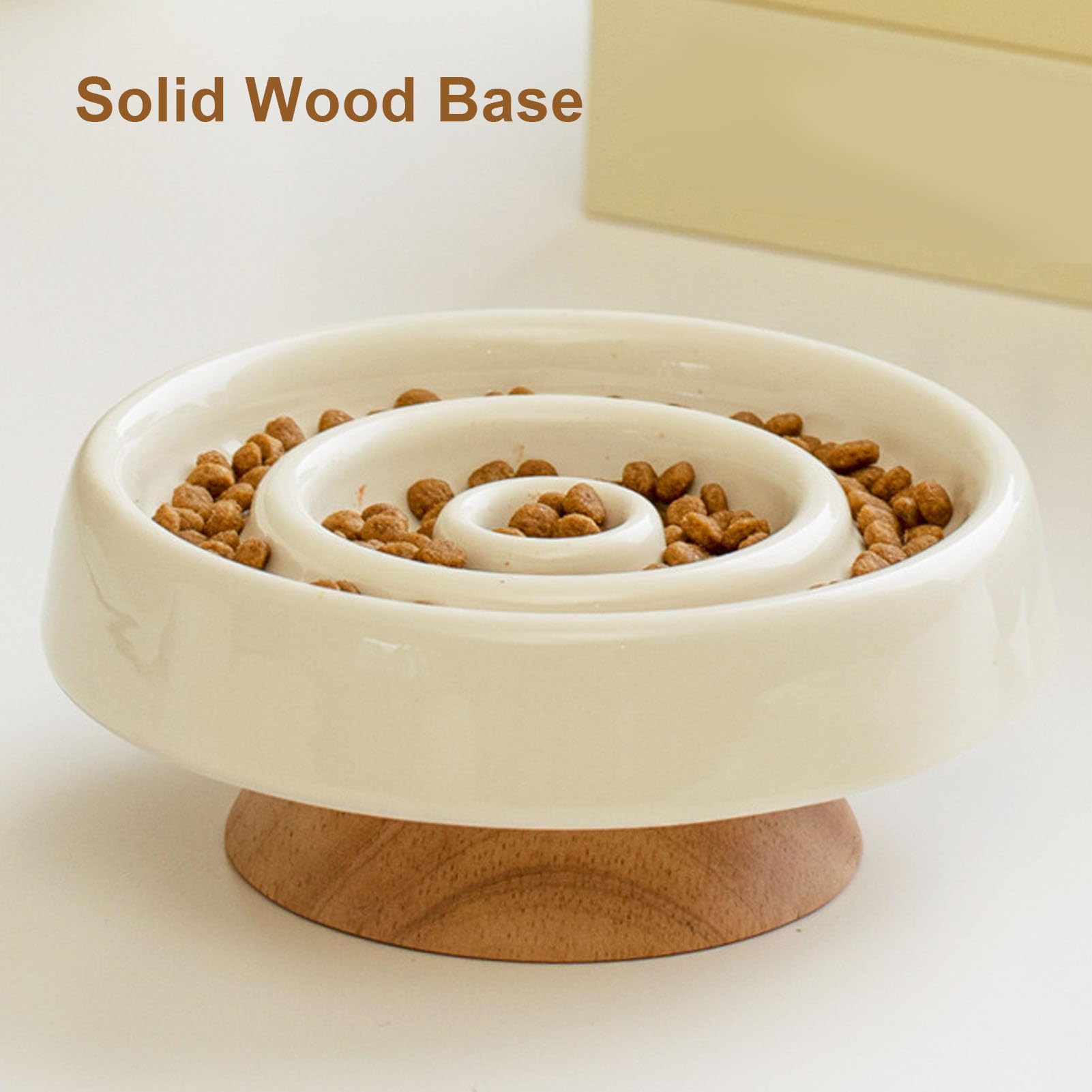 Ciotola per Gatti in Ceramica con Alimentazione Lenta con Base in Legno Rialzata, Mangiatoia Lenta Antiscivolo per Gatti per Prevenire Gonfiore e Soffocamento (Beige chiaro)
