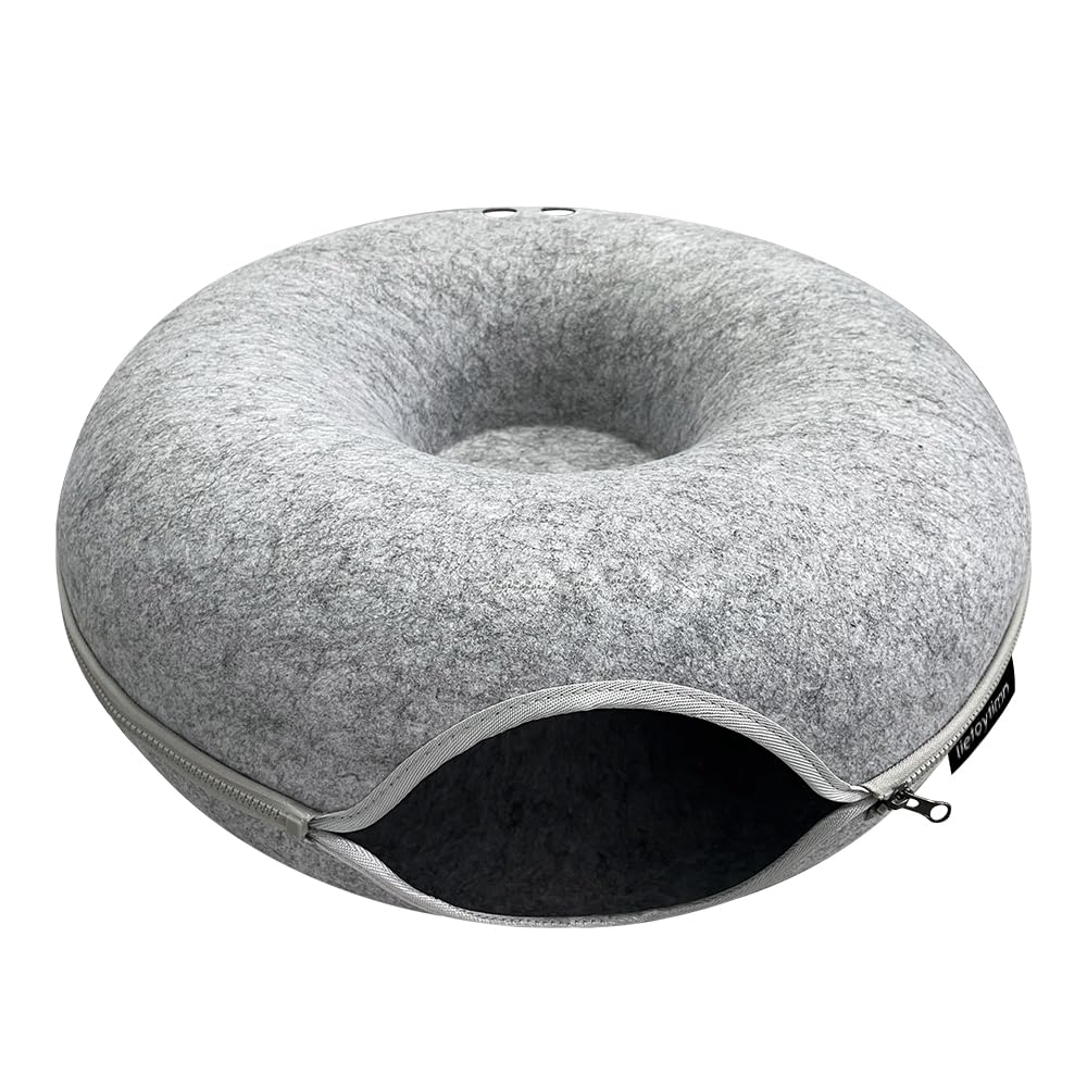 Tunnel nest, Donut nest, Fun Ventilation peep Hole, Detachable Zipper cat Bed, Felt Washable, All Season Universal cat Bed Suitable for Cats (Light Gray, Small)