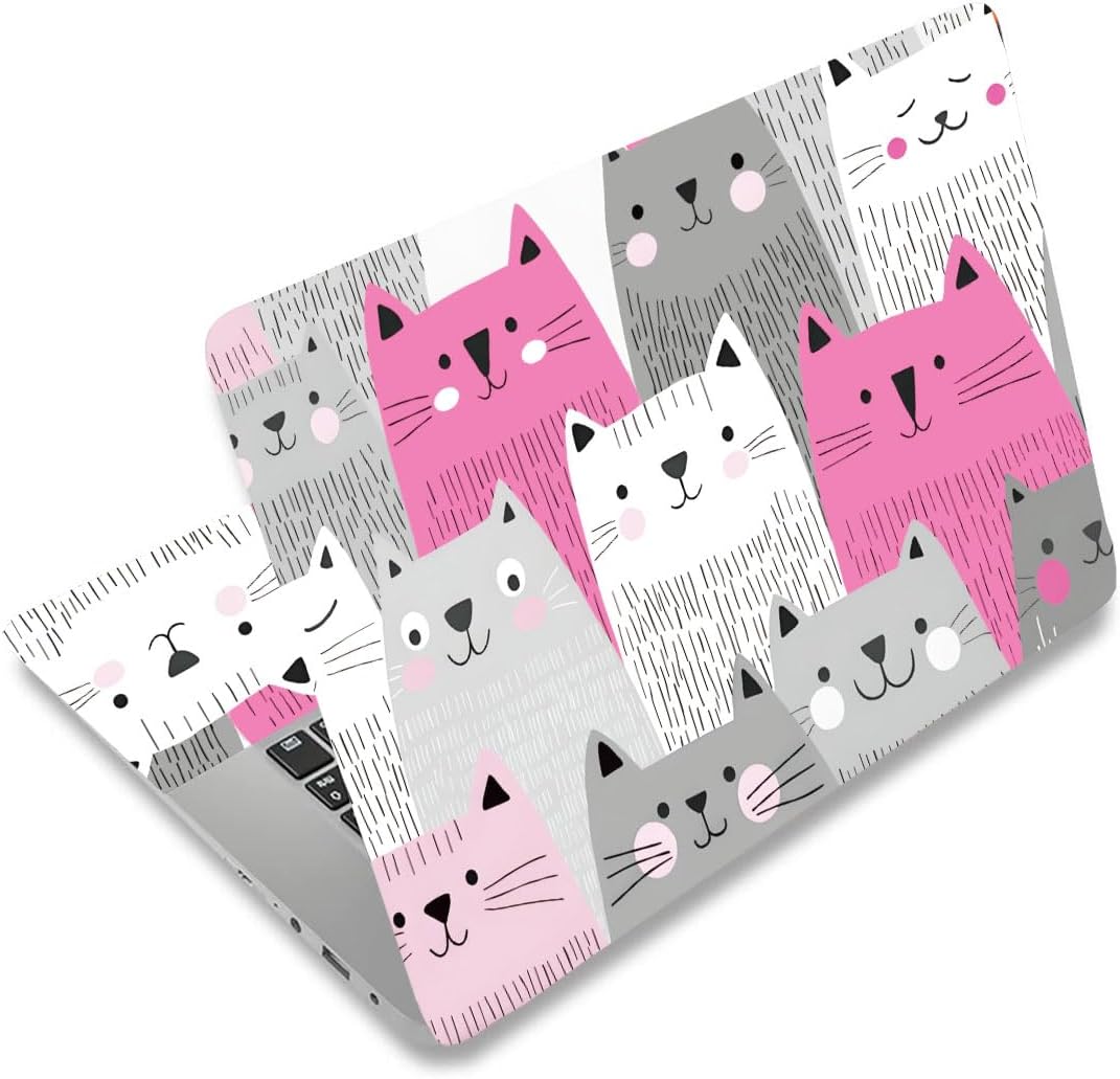 SUPERDANT Laptop Skin Sticker Cartoon Cat Laptop Decals Personalized Universal Notebook Computer Wrap Vinyl Skin Stickers Cover Art Decal Removable 12-15.6 Inch Scratch-Resistant Gifts Gray Pink
