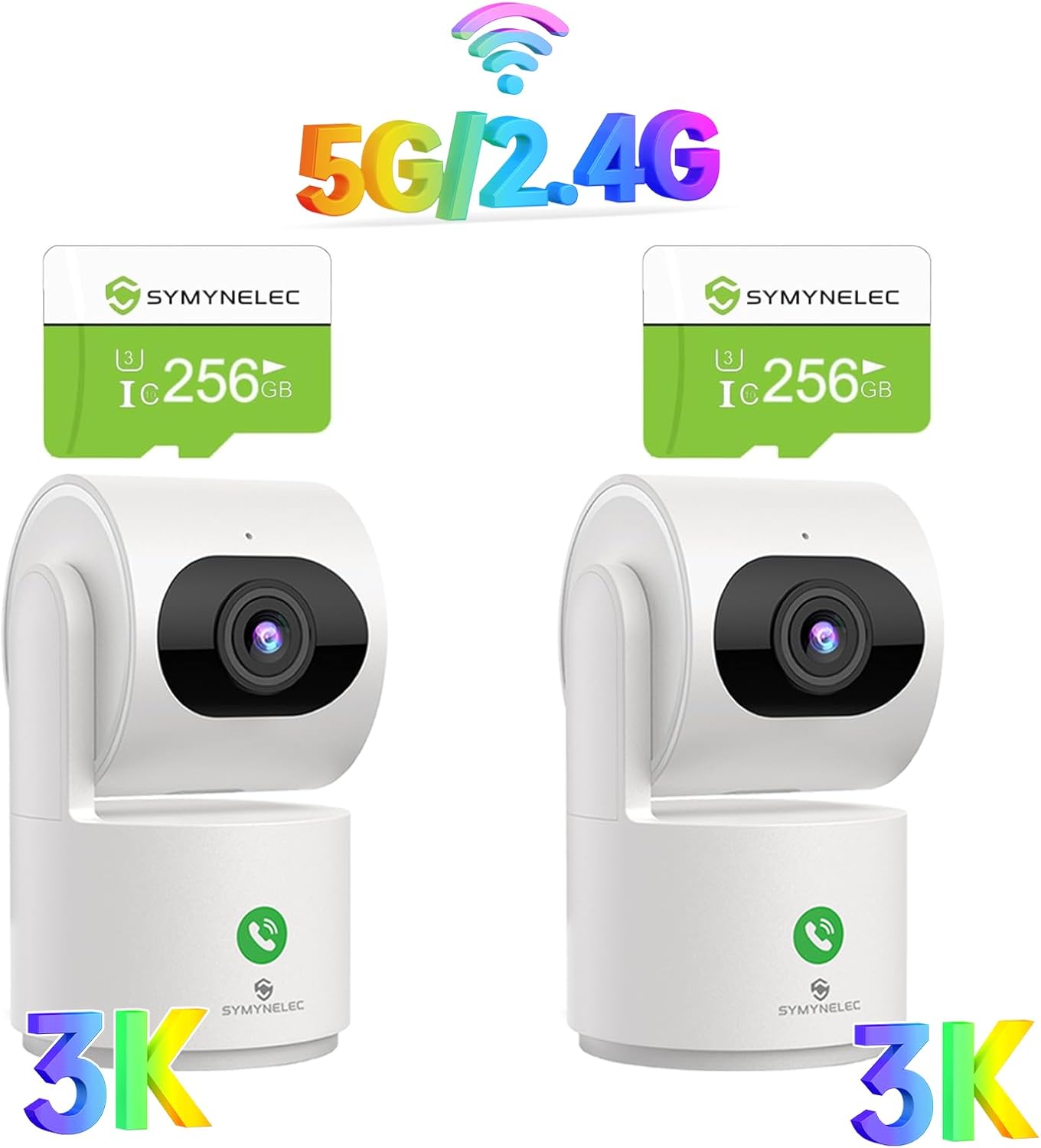 Two SYMYNELEC Y3 indoor security cameras with two 256GB TF cards, indicating 5GHz/2.4GHz Wi-Fi and 3K resolution.