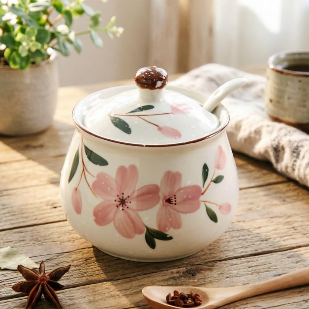 Ceramiczna cukiernica z pokrywką i łyżeczką, odporna na wysokie temperatury, puszka na przyprawy do cukru, soli, miodu, oleju, herbaty, kwiatów wiśni, japońska (4 sztuki)