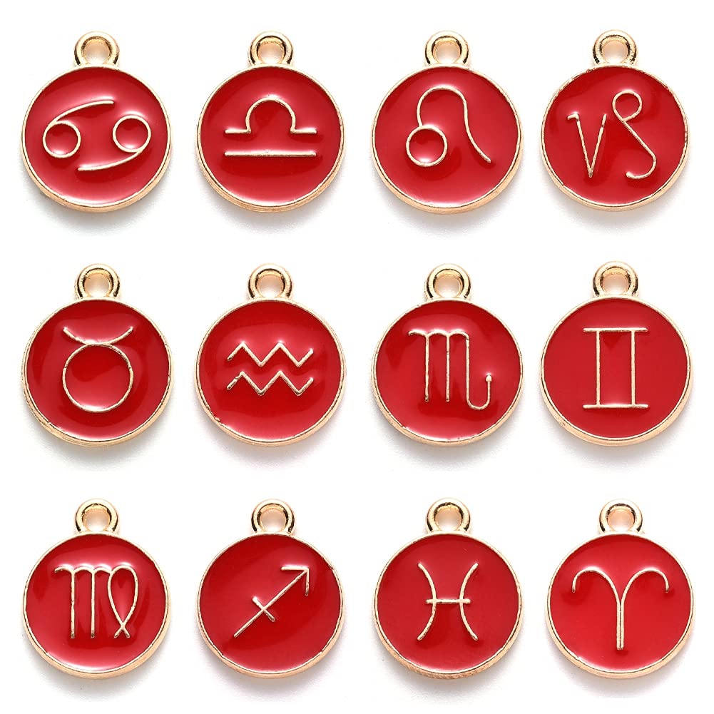 PandaHall 12pcs Enamel Twelve Constellations Flat Round Charms Red Zodiac Charms Pendants Light Gold Plated Metal Charms Bulk for Necklace Bracelet Jewelry Making โ image 1