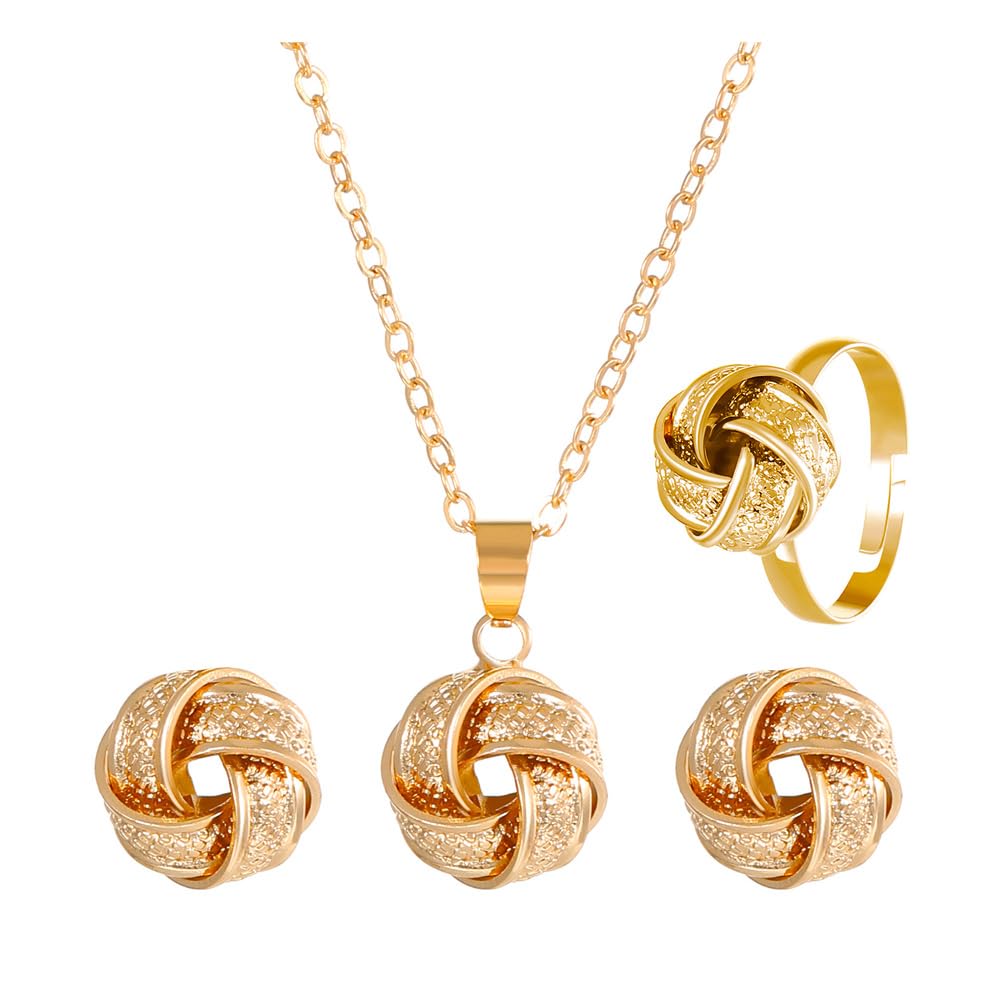 FDEETY Juegos de Joyas Mujer Nudo Twist Conjunto de Colgante Collar Pendientes Ajustable Anillos Elegante Delicate Bisuteria Boda Fiesta Cumpleaños Día de San Valentín Regalos