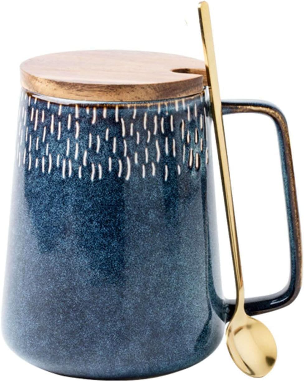 700ml Taza de café Grande con Tapa de Madera y Cuchara, Taza de cerámica Azul, Leche, Bebidas, té, Dormitorio de Oficina en casa, microondas, 24.6 oz