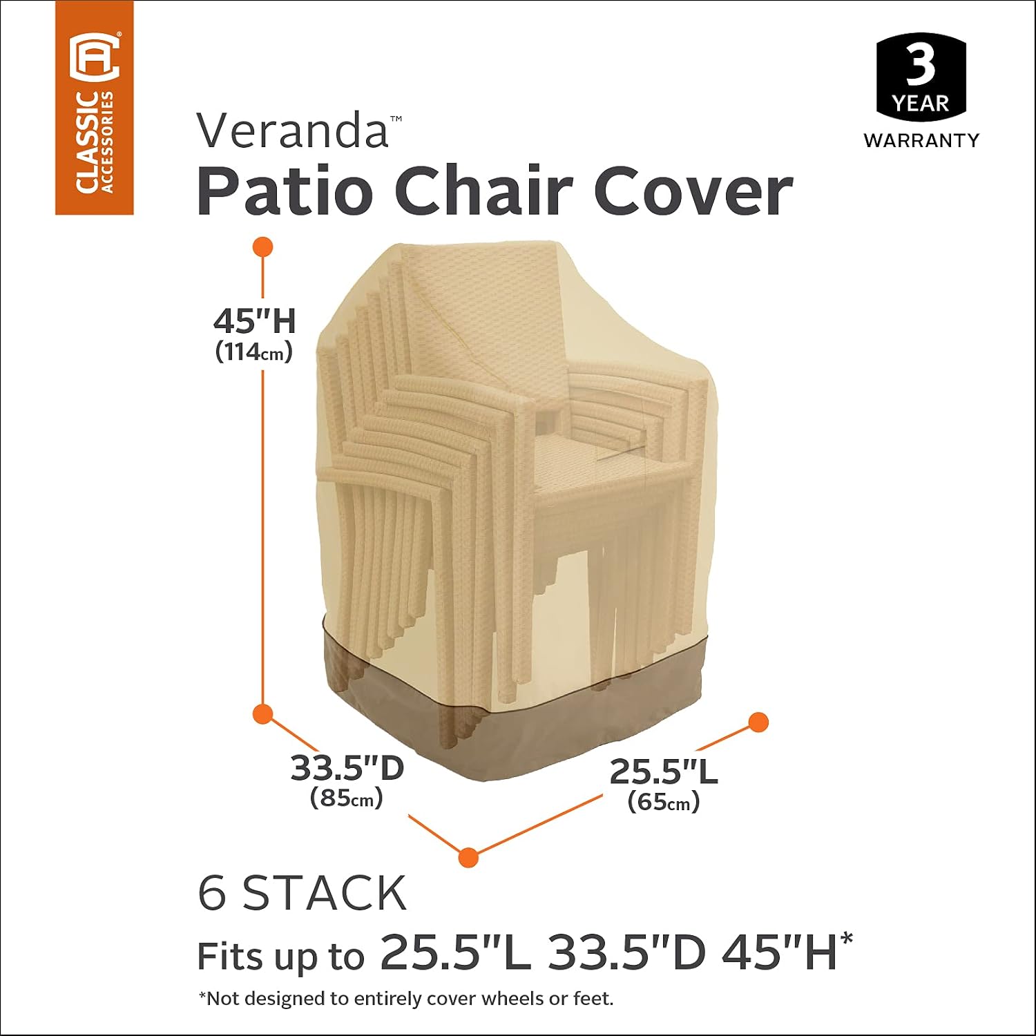Classic Accessories Veranda Water-Resistant 25.5 Inch Stackable Patio Chair Cover, Pebble