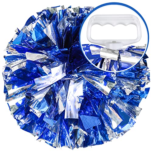 AUHOKY 4 Packs Metallic Cheerleading Cheer Pom Poms, Fluffy Cheerleader Pompoms with Finger-Friendly Ring, Cheering Pom poms for Squad Team Sports Game Dance Dress Party Kids Adults(Blue/Silver) - Thumbnail 2