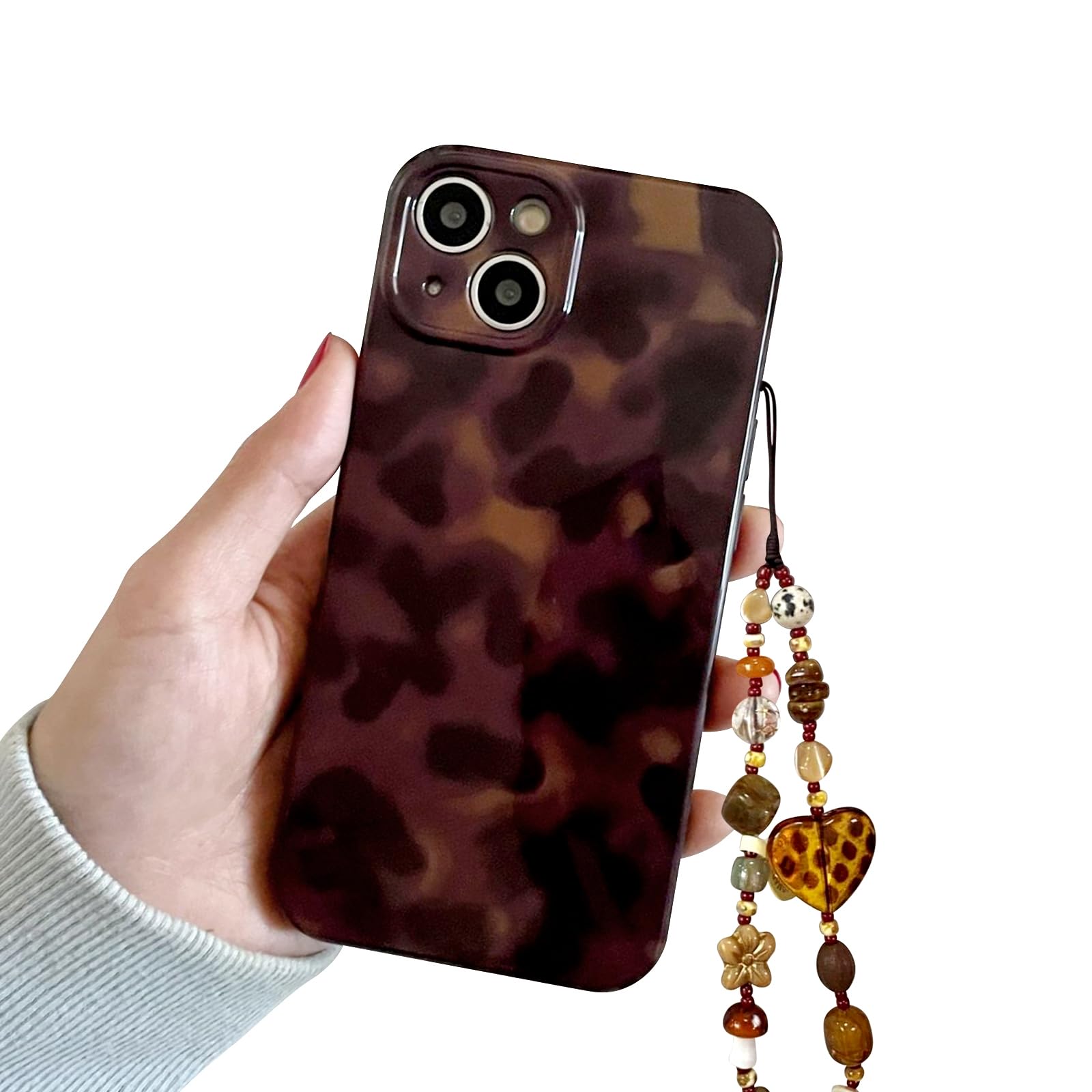 Coque iPhone 15 marron ambre avec chaîne perles tendance - 8
