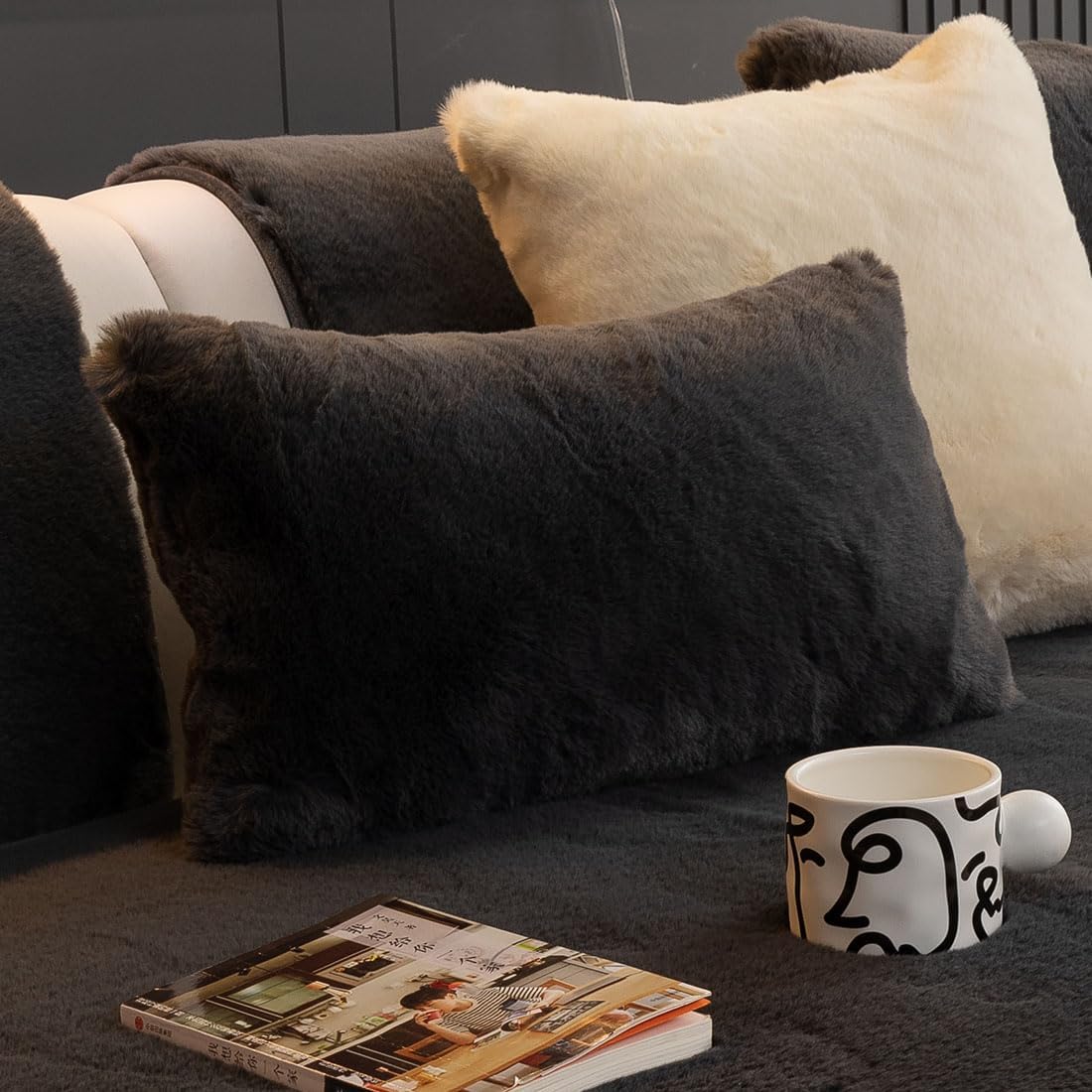 vctops 2 Pack Double-Sided Faux Fur Decorative Throw Pillow Covers Soft Warm Thick Minky Cushion Cover Fluffy Fuzzy Rectangular Pillow Covers (Dark Grey,12"x20")