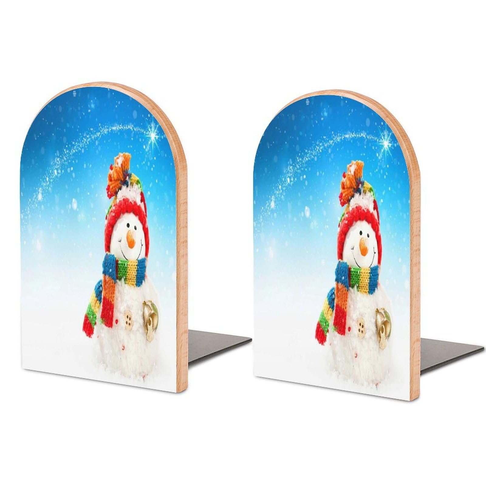 Snowman Snowfall Hat Scarf Bells Beech Wood Bookends Heavy Duty Book Organizers Desktop File Holder for Office Home Bookshelf