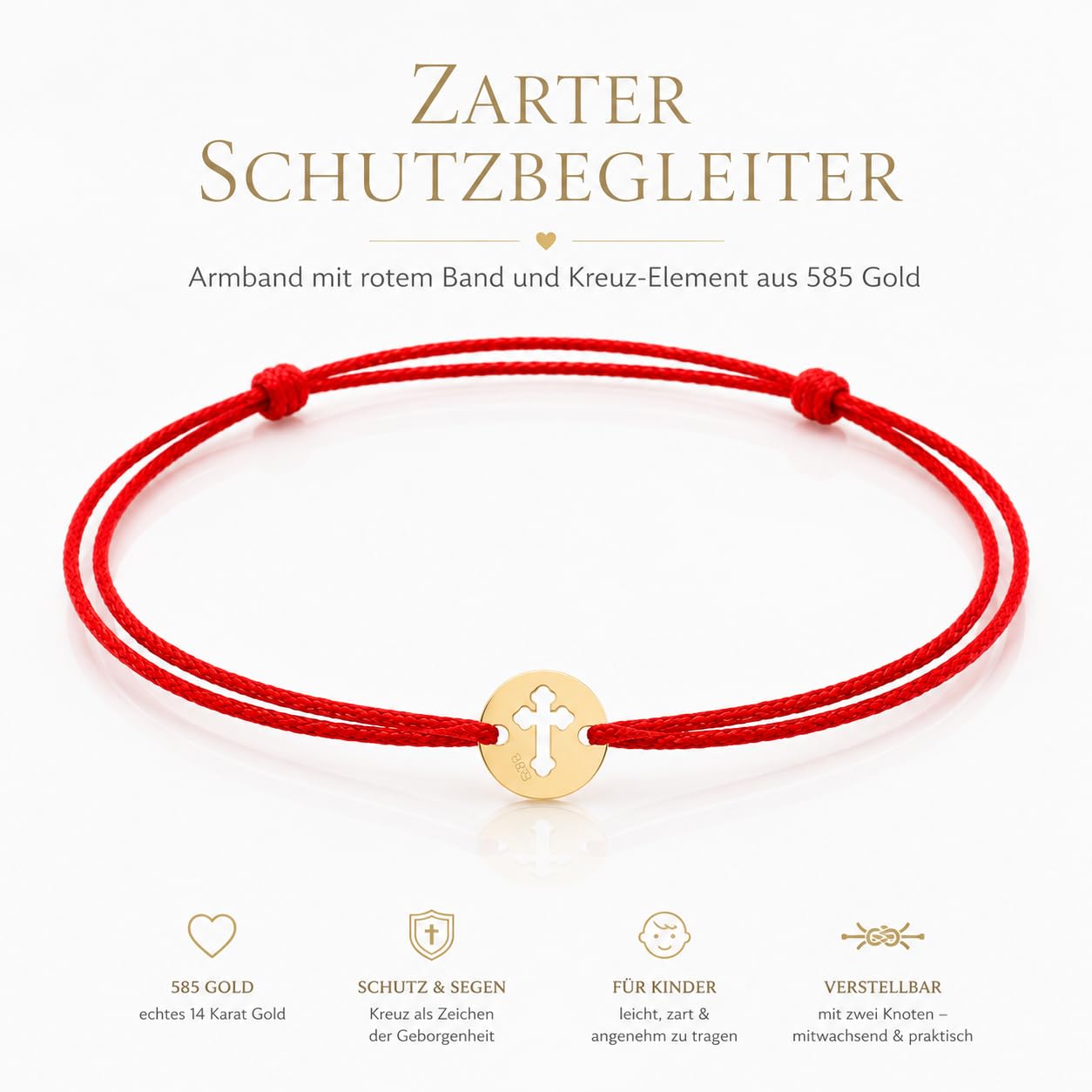Taufarmband Gold 585 Baby – Armband mit Kreuz aus echtem 14 Karat Gold, punziert, rotes Band verstellbar bis 12 cm, Taufgeschenk für Jungen und Mädchen zur Taufe und Geburt