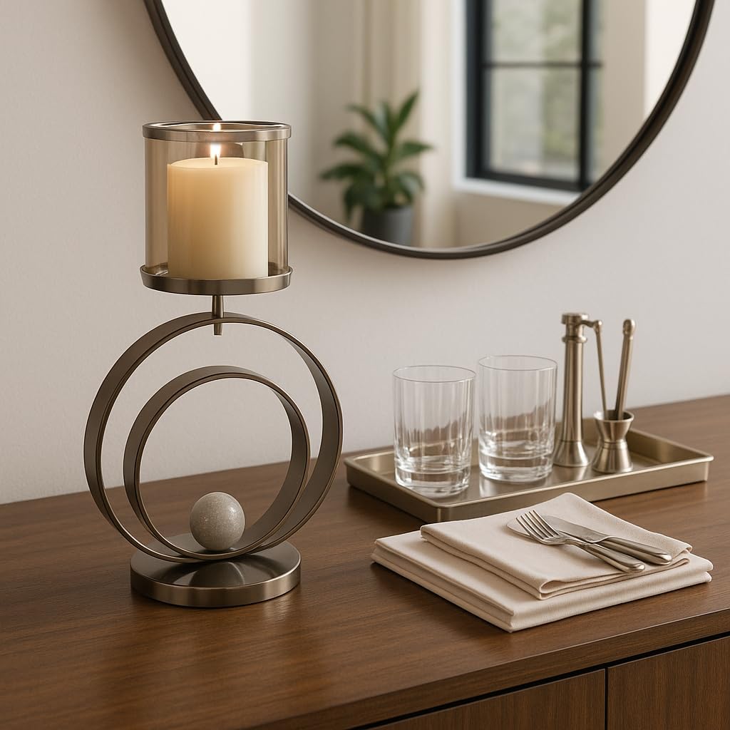 Decorative Glass Hurricane Candle Holder with Double Ring Base - Elegant Pillar Candle Stand Holder Perfect for Dining Table Centerpieces - Modern Candle Stick Holder for Home Decor - 26", Bronze
