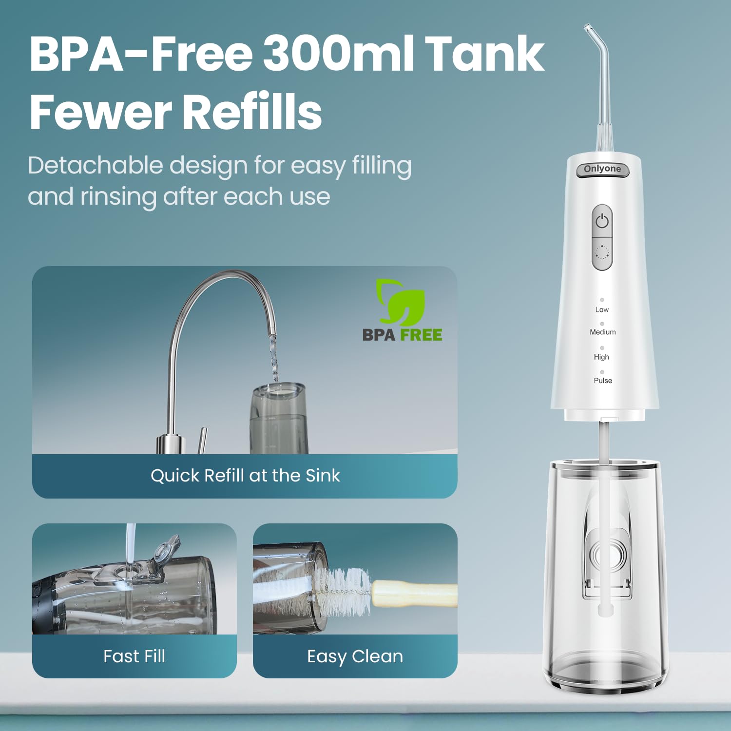 Onlyone Púa de hilo dental de agua para dientes, 300 ml, irrigador oral portátil, recargable, limpiador de riego de viaje, profesional, púas de limpieza eléctrica para limpieza de dientes, IPX7