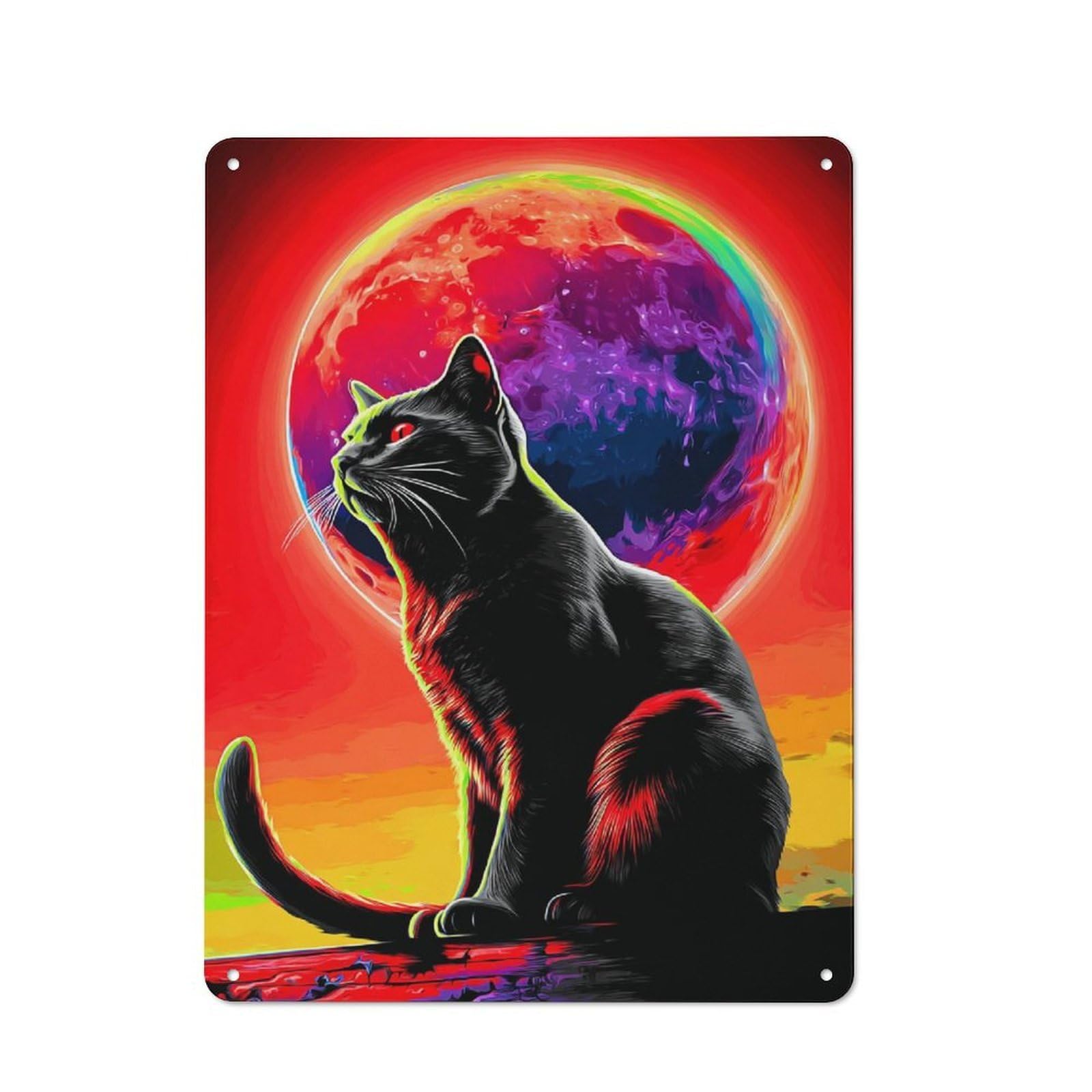 Junmoney Neon Cat With Cosmic Moon Tin Wall Plaque 40X30cm With For Bar Or Restaurant, Housewarming Present For People Styling Bar And Restaurant