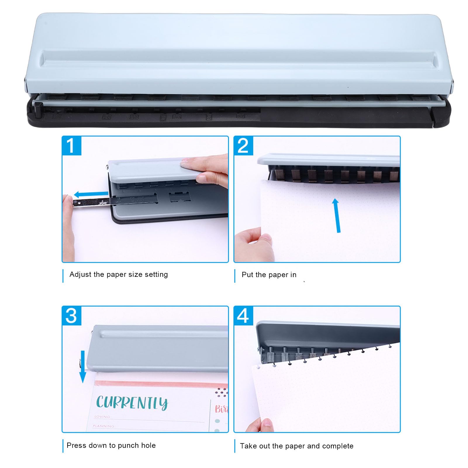 Elprico Perforatore a 12 Fori, Perforatore Portatile, a Fungo con Posizionamento Preciso, Adatto per Formati Carta A4, A5, B5, A7, per Quaderni con Rilegatura e Accessori