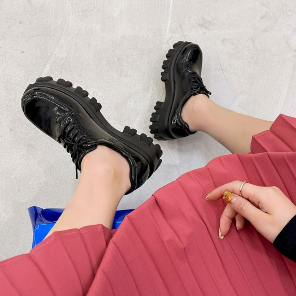 Mocasines Suaves De Charol para Mujer Tacón Alto Grueso Uniforme Zapatos De Vestir Cordones Zapatos De Oficina con Plataforma