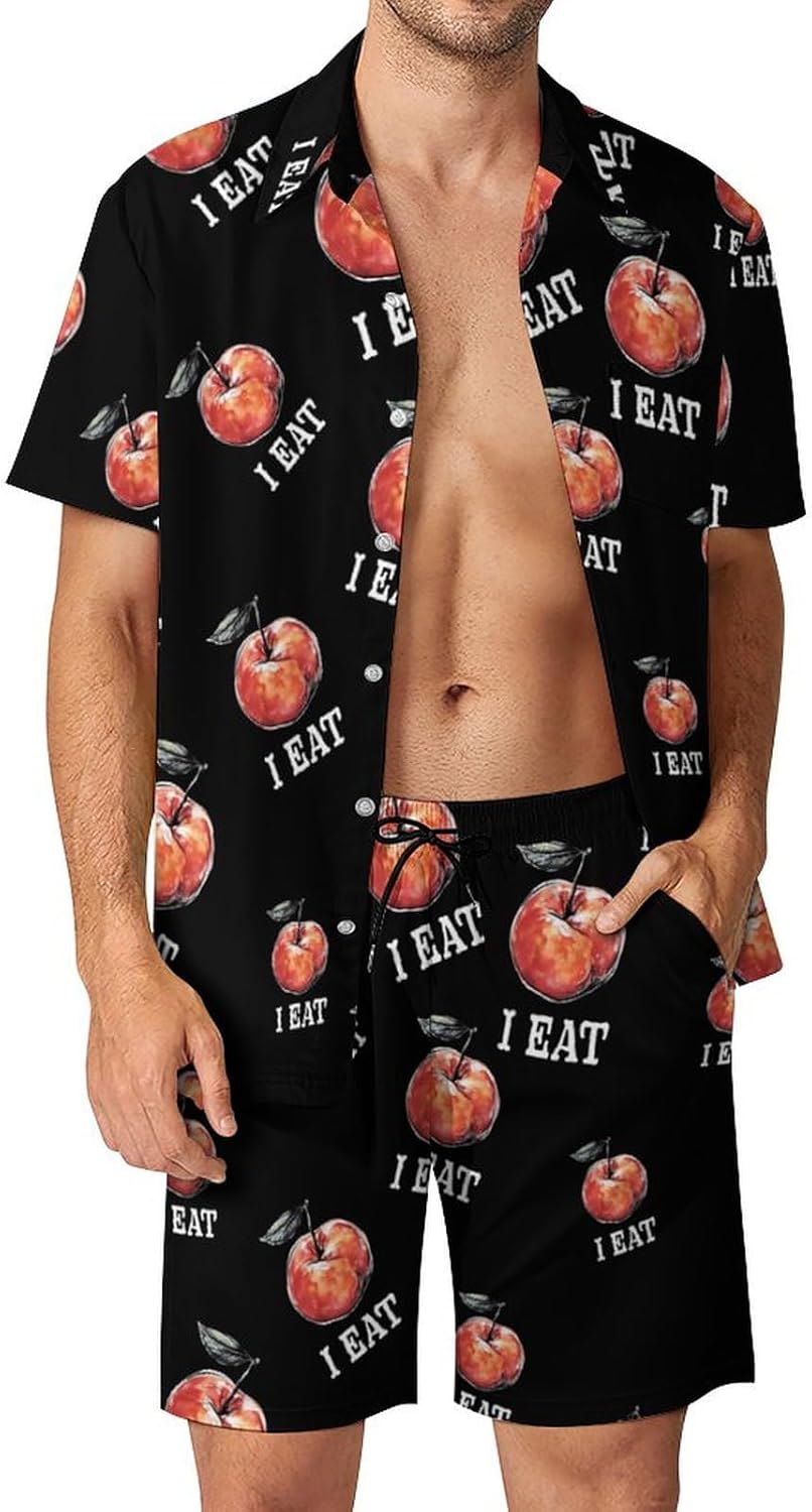 I Eat Peach Men's Summer Beach Outfits Shirt And Shorts Set 2 Piece Vacation Swimwear