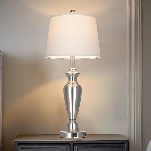 Vista 11 de Juego de 2 lámparas de mesa de metal de 30 pulgadas de alto, lámparas de mesita de noche con control táctil para dormitorio, lámpara de estilo Verde