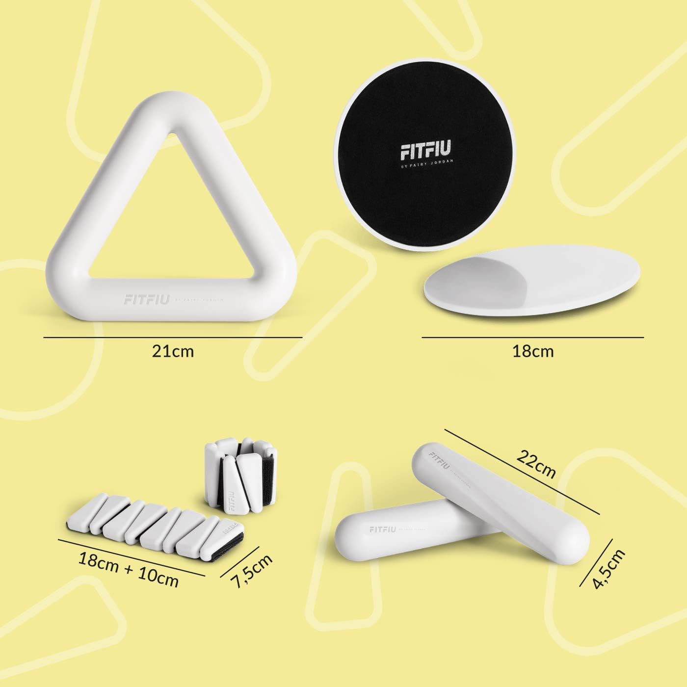 FITFIU Fitness SHAPES KIT - Confezione da 4 accessori sportivi: 1 kettlebell 2 cinghie da polso 2 manubri 2 dischi scorrevoli 1 elastico in acciaio in silicone bianco SHAPES COLLECTION di Patry Jordan