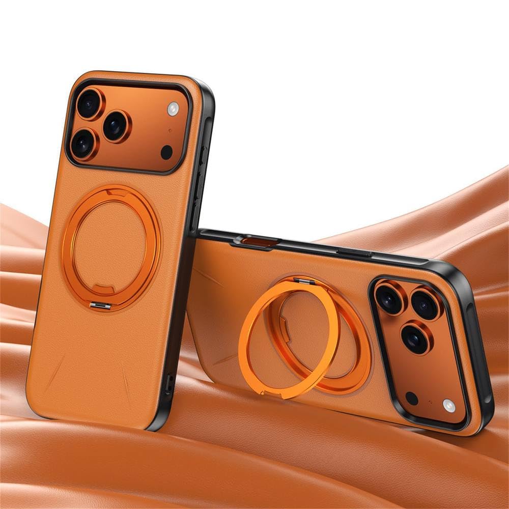 Wytrzymała silikonowa obudowa magnetyczna ze skóry z uchwytem na telefon do iPhone'a 17 16 15 Pro Max 17 Air 16 15 Plus z ładowaniem bezprzewodowym, odporna na wstrząsy, pomarańczowa, do iPhone'a