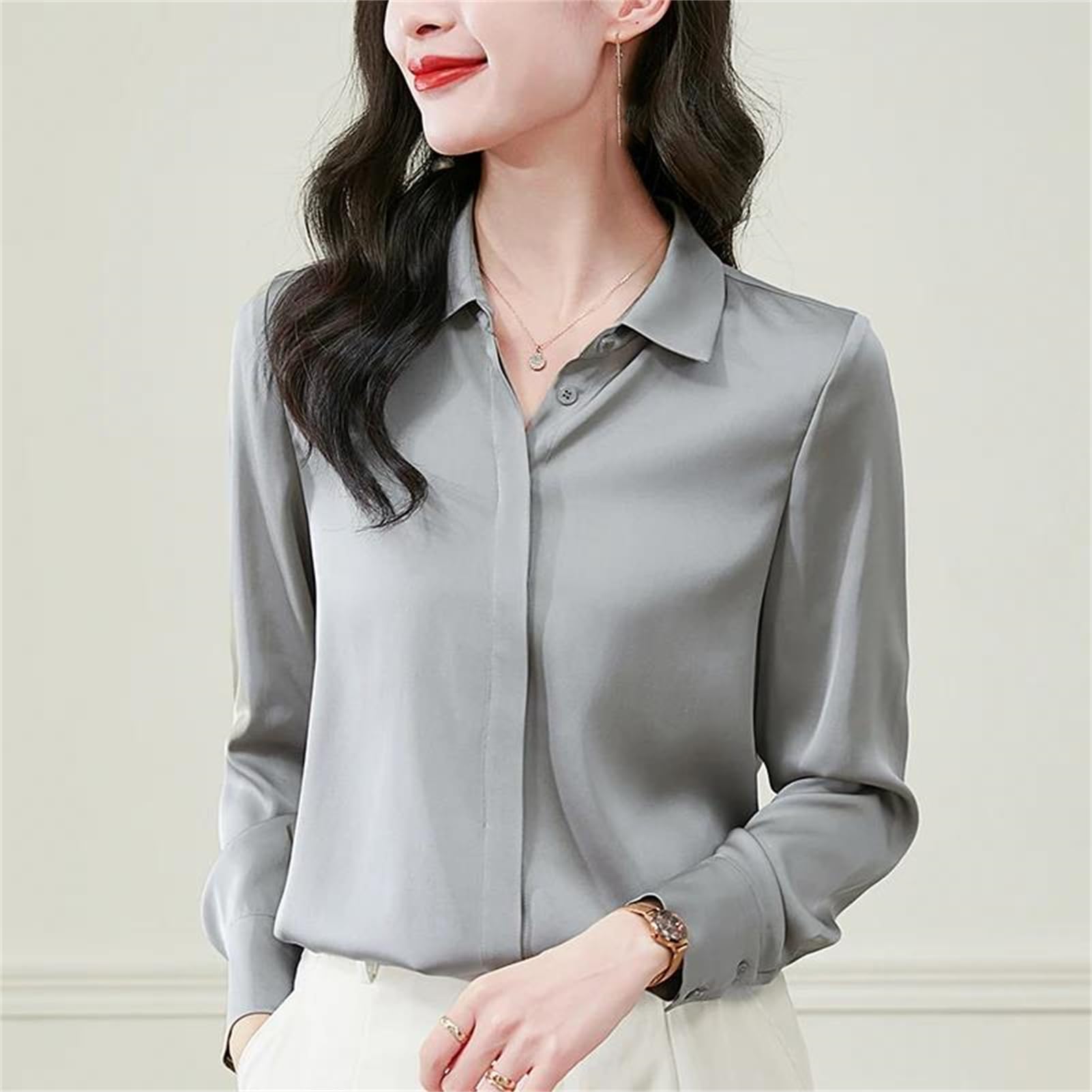 Vogrtcc Blusa básica de seda para mujer, con botones, de manga larga, para oficina, ropa de trabajo