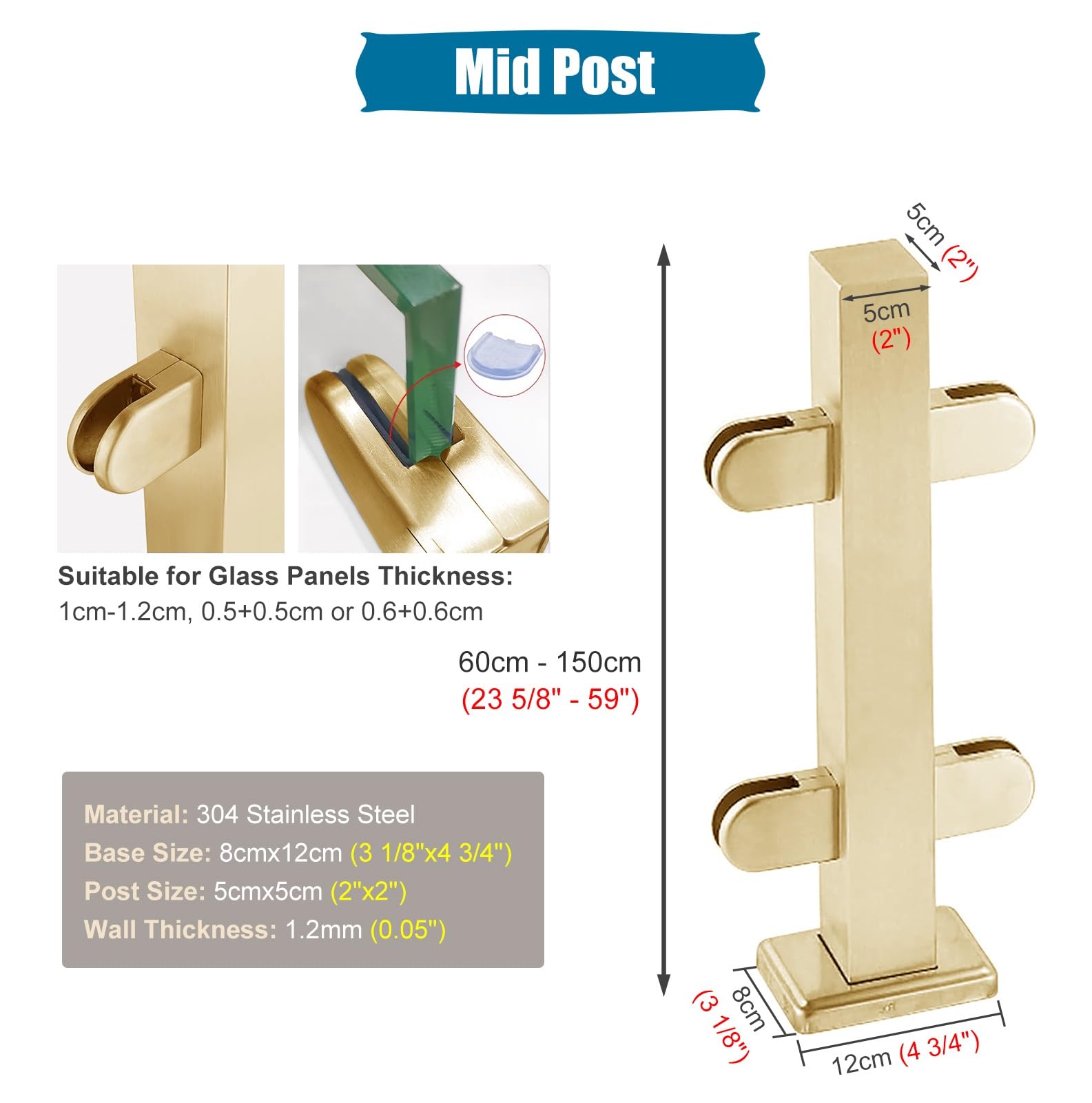 Poste de barandilla de vidrio de metal para balaustrada de interior/exterior, poste de valla resistente con abrazaderas, ideal para escaleras, terrazas, villas