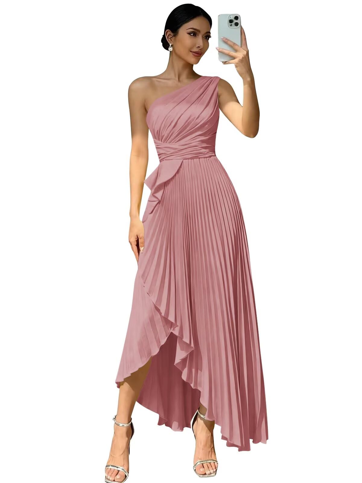 SoDigne One Shoulder Long Bridesmaid Dresses for Women Pleated Satin A Line Formal Evening Gowns with Slit