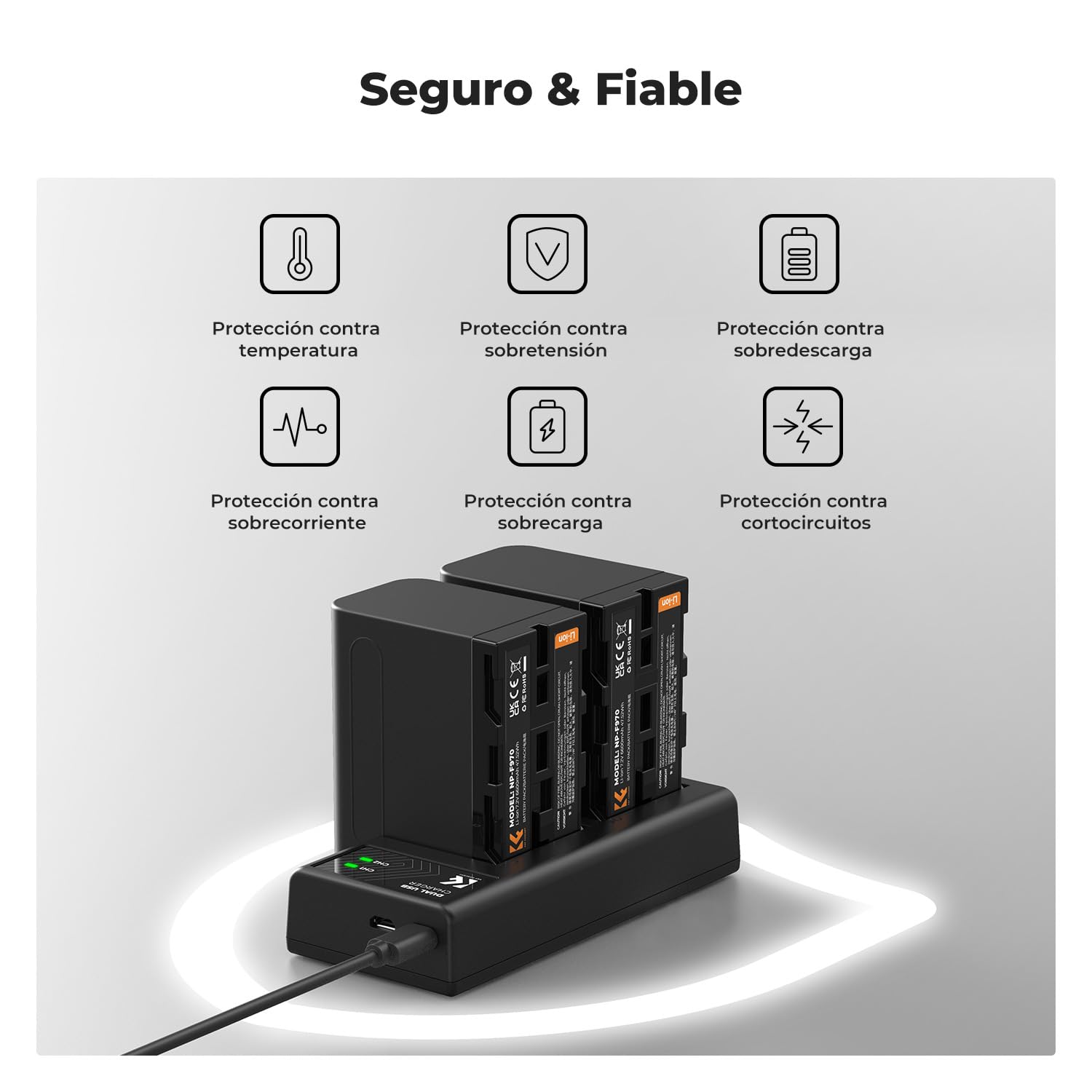 K&F CONCEPT NP-F970 Baterías 6600mAh Gran Volumen y Kit Cargador LED Compatible con Sony NP-F550 F570 F750 F770 F930 F950 F960 F970 para Luces LED de Alta Potencia/Monitor/Cámara Deslizante