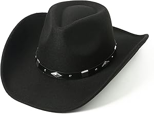 Lanzom Women Men Classic Felt Wide Brim Western Cowboy Cowgirl Hat with Belt Buckle