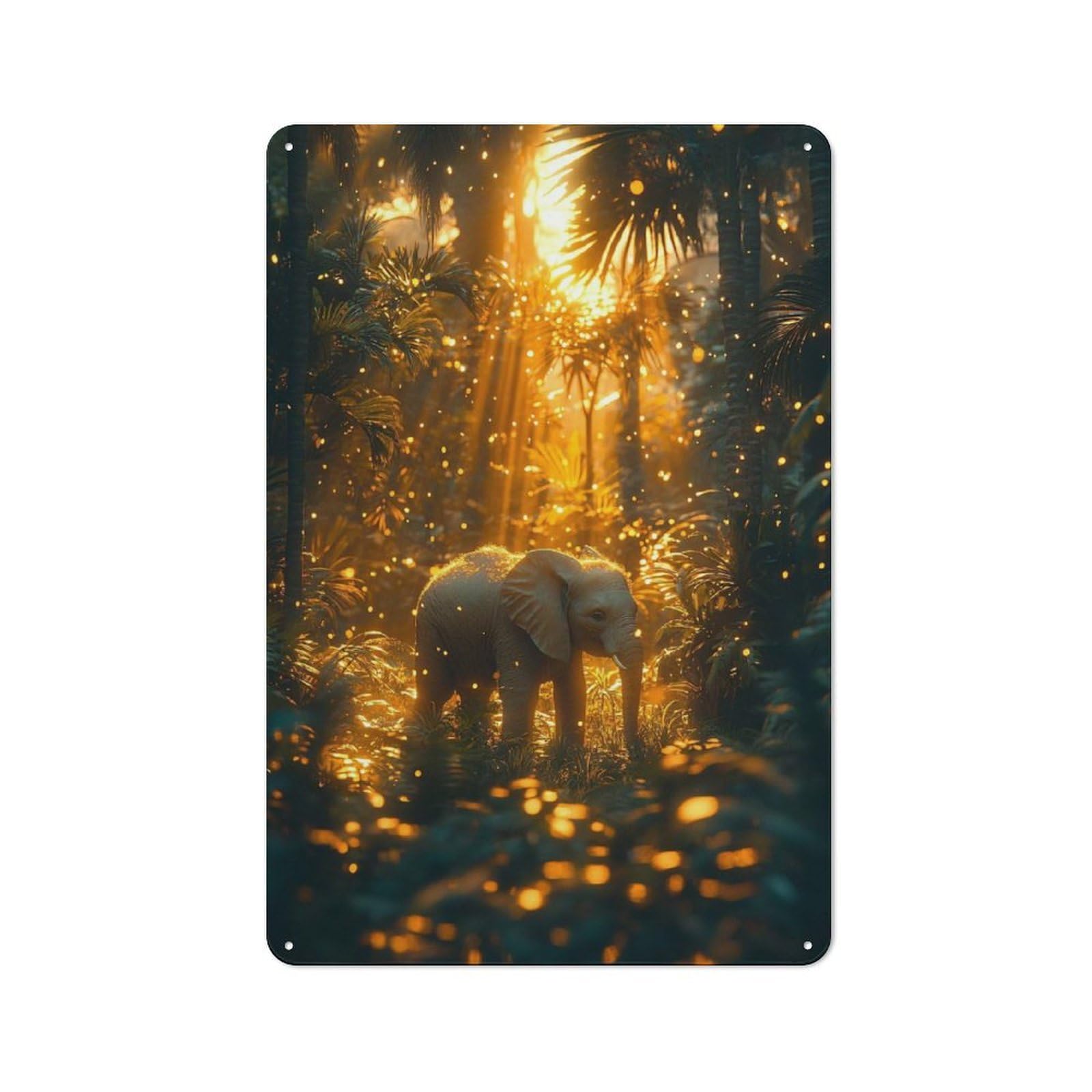 Elephant in A Golden Jungle Workshop Style Metal Wall Decor 30x20cm, Decorative Metal Plaque for Garage, Workshop, Shed Or Utility Room