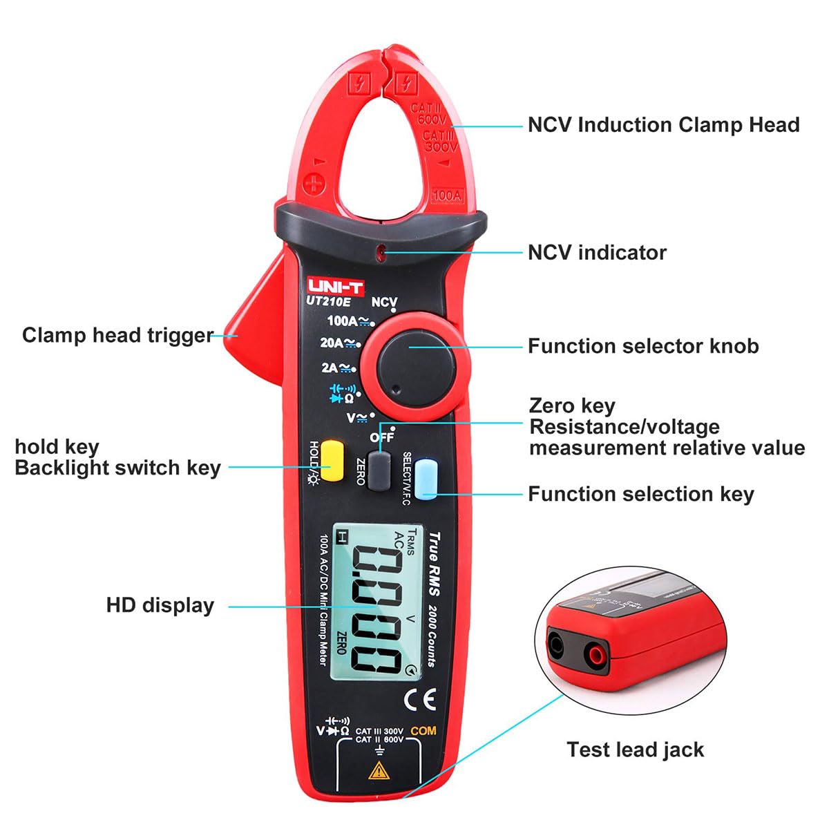 UNI-T UT210D Serie UT210 Mini-Klemme, 200 A AC/DC, 600 V AC/DC, 60 kHz, -40 °C - 1000 °C/-40 °F-1832 ° F