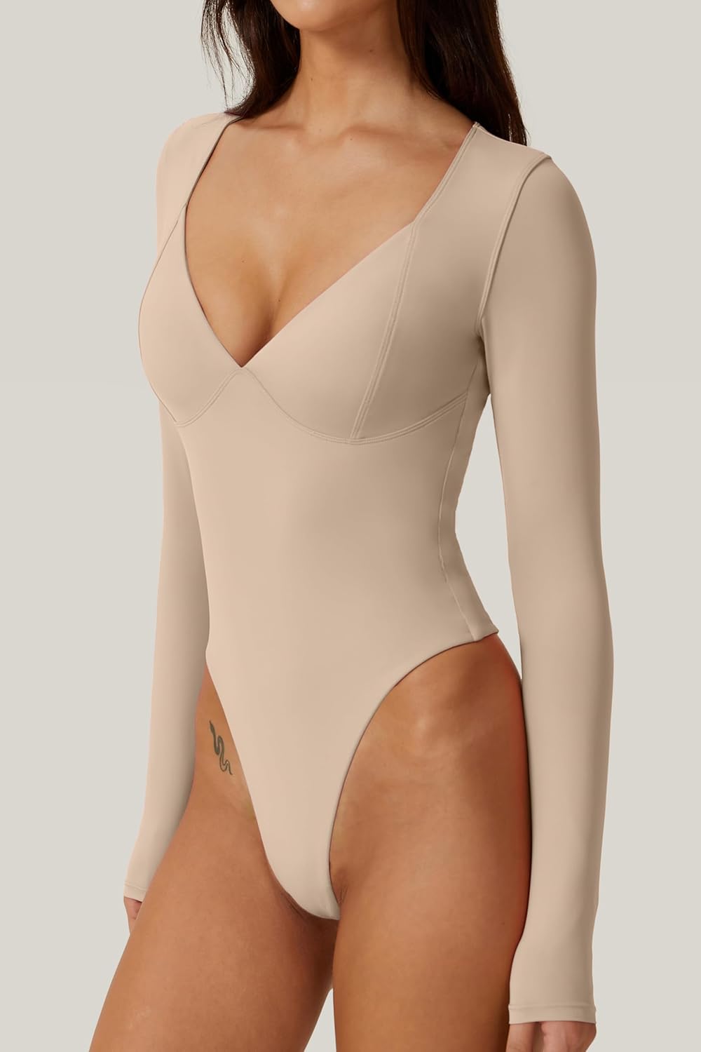 QINSEN Women's Long Sleeve Bodysuit V Neck Body Suits Seamed Cup Going Out Tops Shirt - Image 2