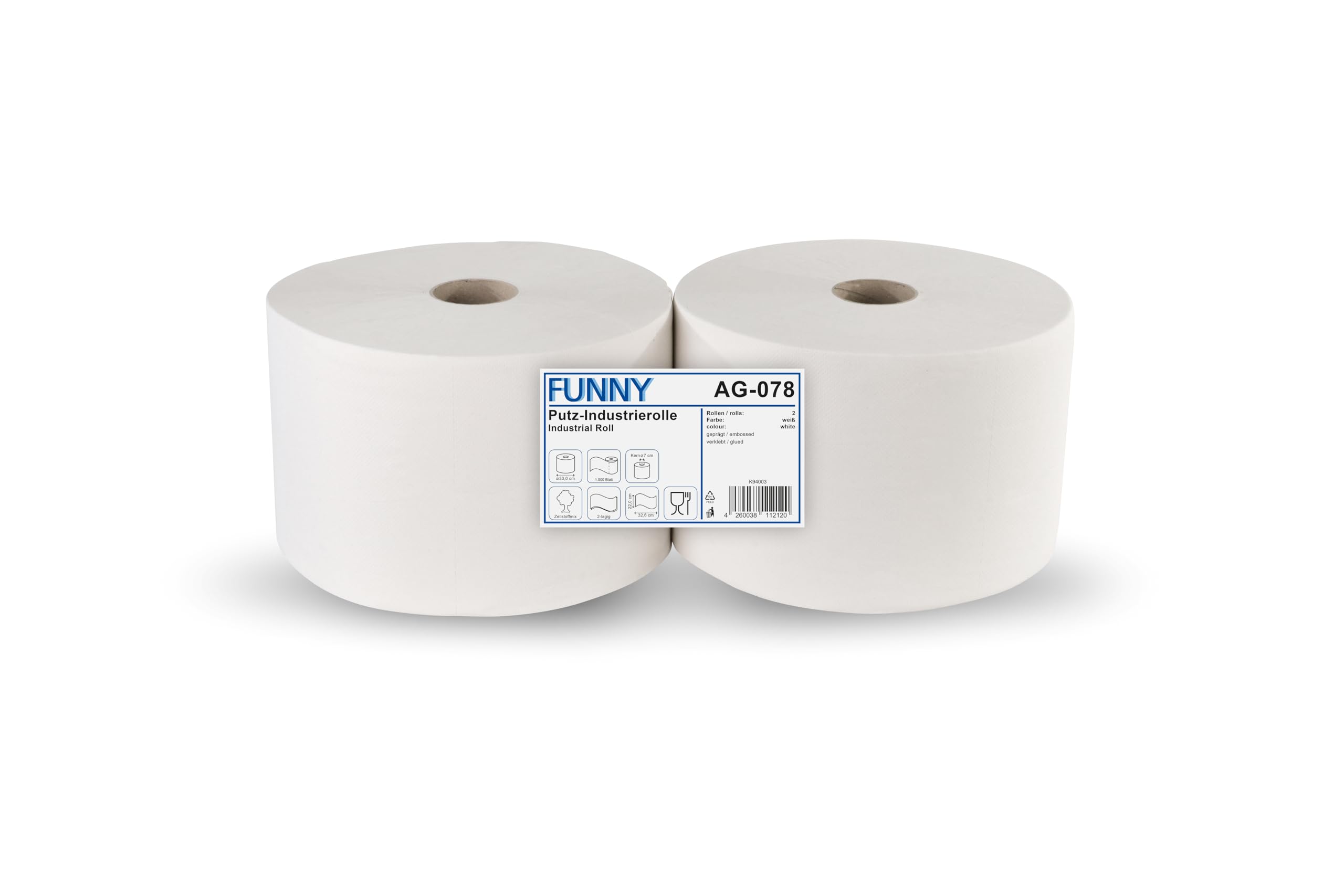 Funny Putzpapierrollen, 2 lagig, hochweiß, circa 22 cm, 1500 Blatt, 1er Pack (1 x 2 Stück)