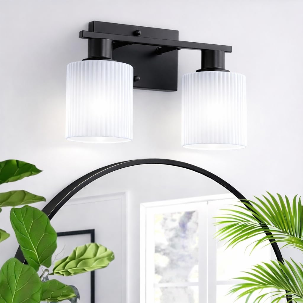 2-Light Matte Black Vanity Light with White Fluted Glass Shades, Modern Bathroom Light Fixture for Small Space,Vintage Wall Mounted Over Mirror Sconce for Bathroom Kitchen Living Room Cabinet