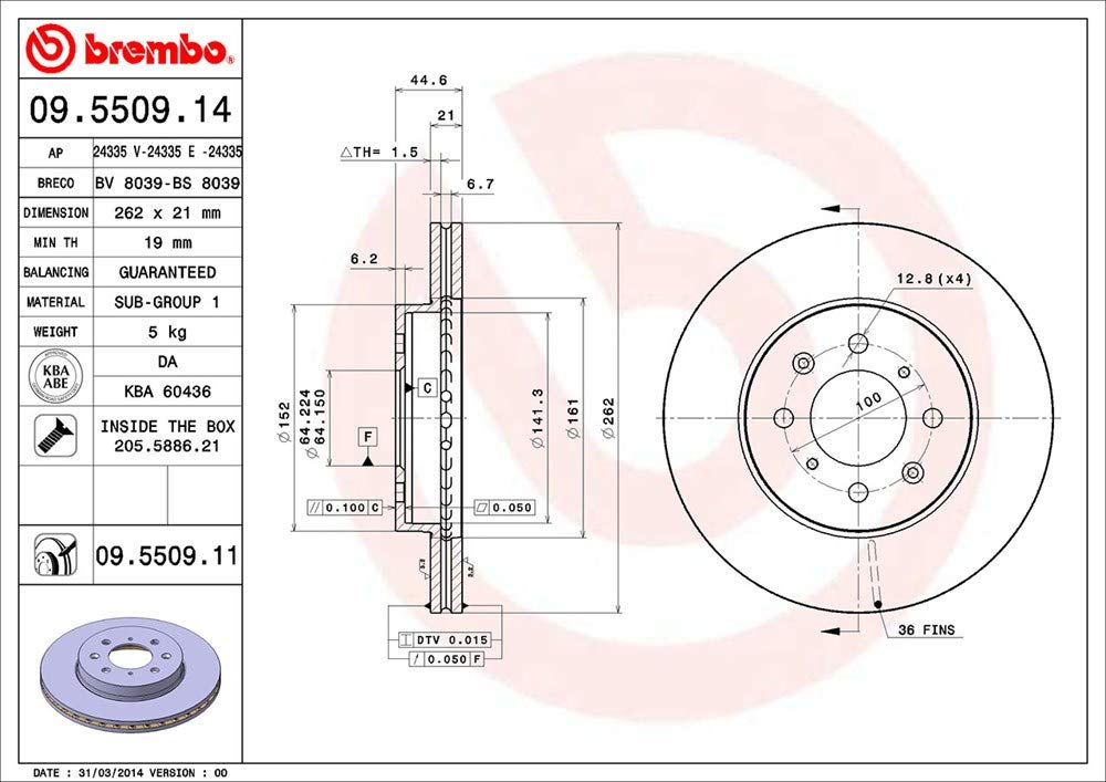 Brembo 09.5509.11 Rotores de Discos de Frenos
