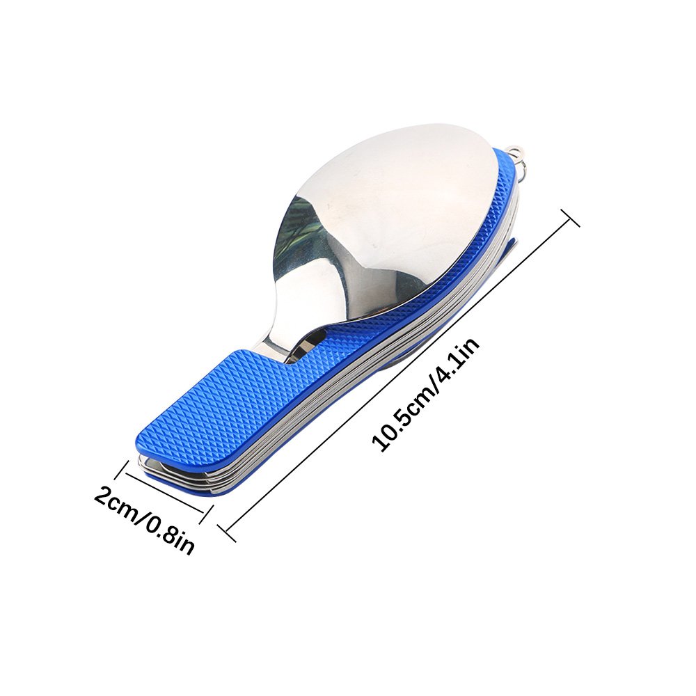 Lot de 2 couverts de camping 4 en 1 - Couverts pliants - Acier inoxydable - Extérieur - Couteau, fourchette, cuillère, décapsuleur (bleu)