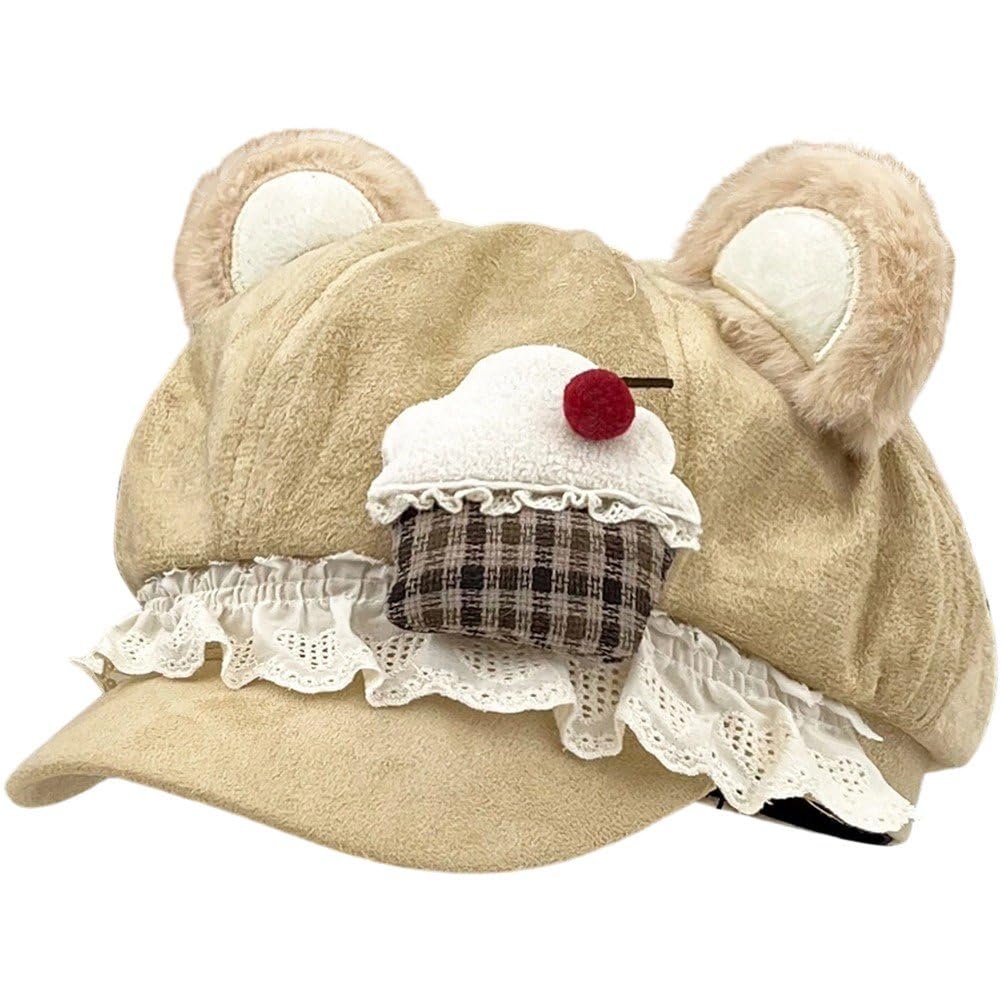 Béret Lolita Sweet pour Femme, Béret d'hiver en Dentelle, Bonnet À Oreilles d'ours Mignon, Chapeau De Peintre À Gâteaux en Dentelle, Accessoires pour Kawaii