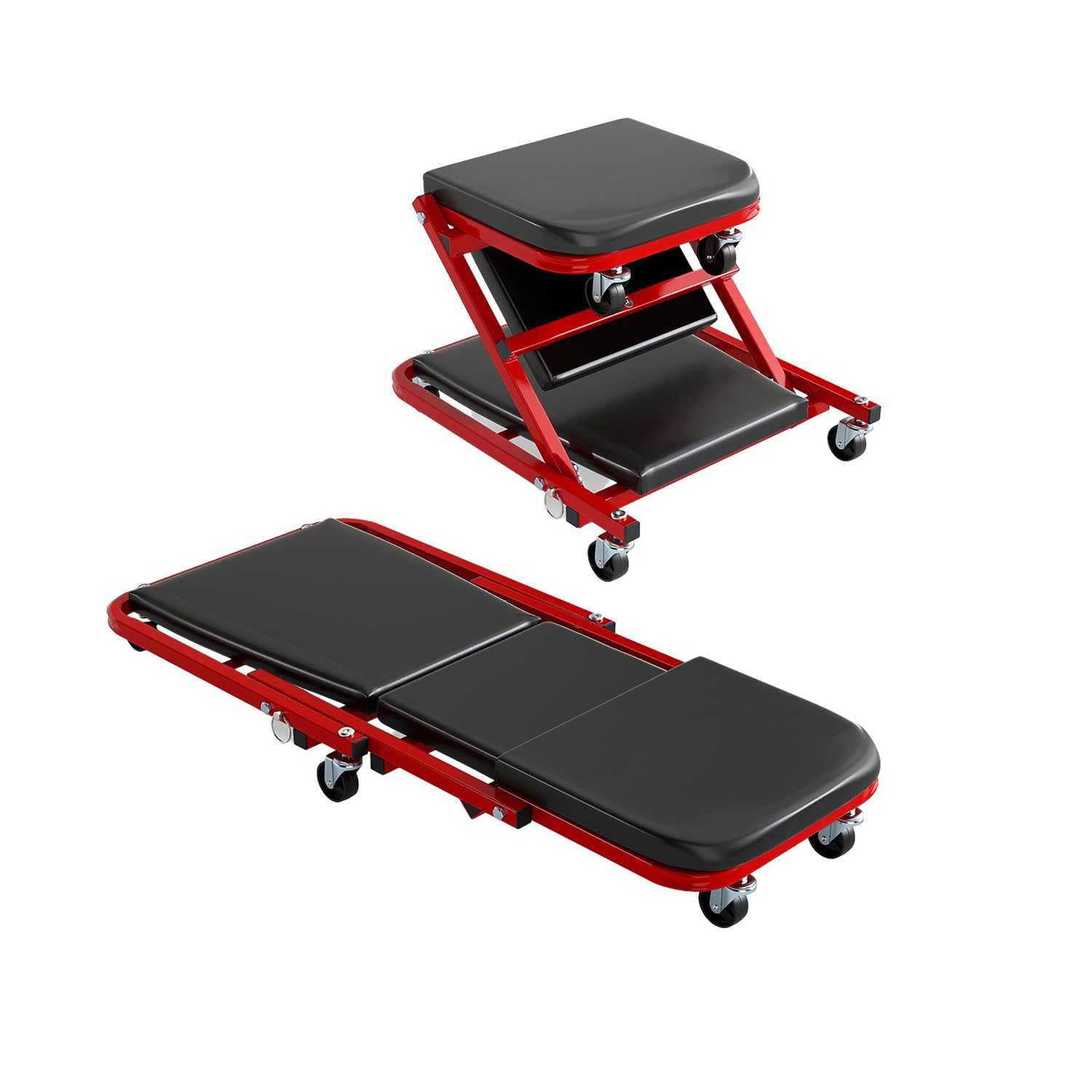 GOPLUS Tabla de Montaje 2 en 1, Taburete de Taller con Ruedas Giratorias de 360°, Camilla de Taller con Capacidad de hasta 150 kg, Tabla de Montaje Plegable con Función de Asiento y Camilla (Negro)