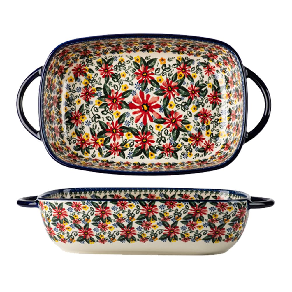 Dxcaicc Red Flowers Lasagne Dish Ceramics Creative Double-Handled Plate Deep Dish Home Polish Retro Exquisite Shape And Delicate Style Rectangular Ceramic Baking Tray,,Big
