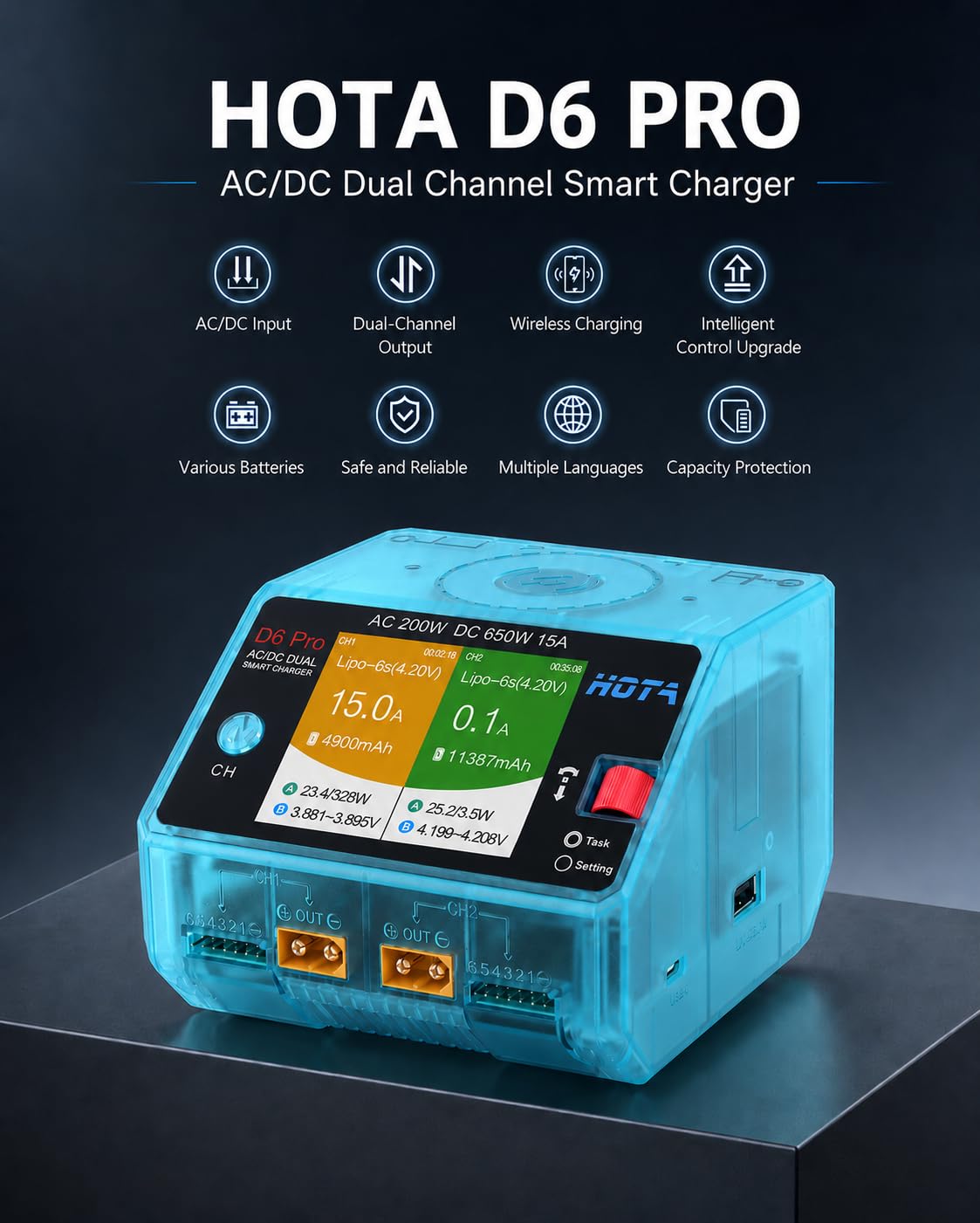 HOTA D6 Pro Ładowarka do akumulatorów LiPo, podwójna ładowarka wyważająca 15A AC200W DC650W z bezprzewodowym panelem ładowania, do akumulatorów 1-6S LiPo LiHV NiMH PB RC Car Boat FPV Drone