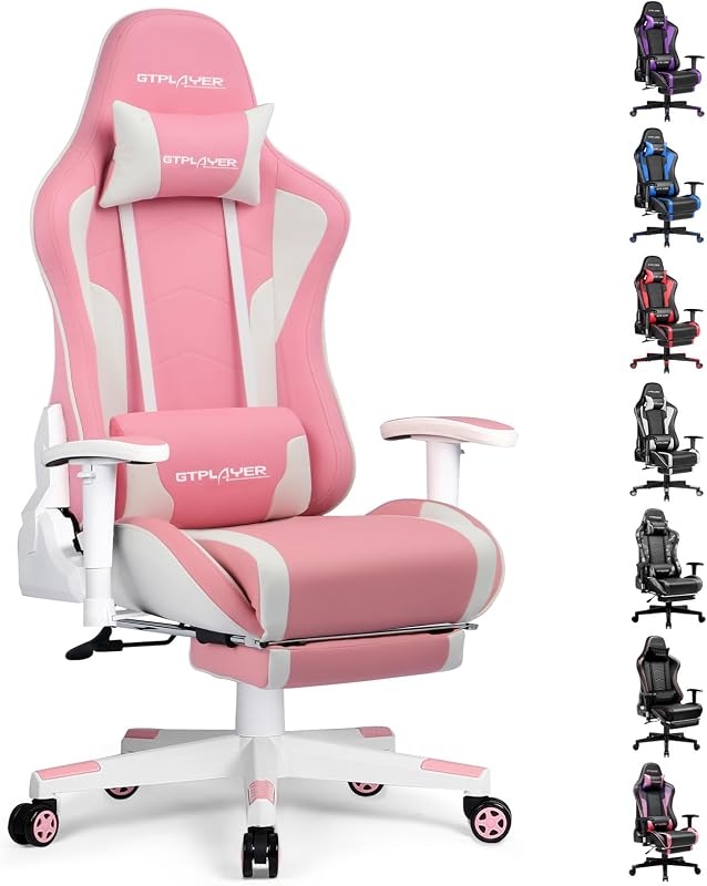 GTPLAYER Silla para videojuegos con reposapiés y parlantes, silla para videojuegos, Bluetooth, música, resistente, ergonómica, para computadora, oficina, escritorio (rosa)