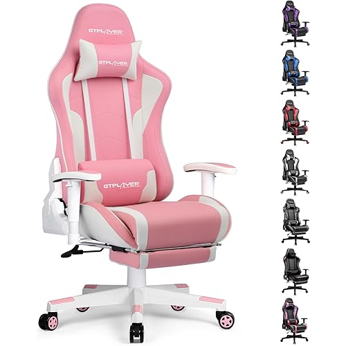 GTPLAYER Gaming Chair with Footrest Speakers Video Game Chair Bluetooth Music Heavy Duty Ergonomic Computer Office Desk Chair (Pink)