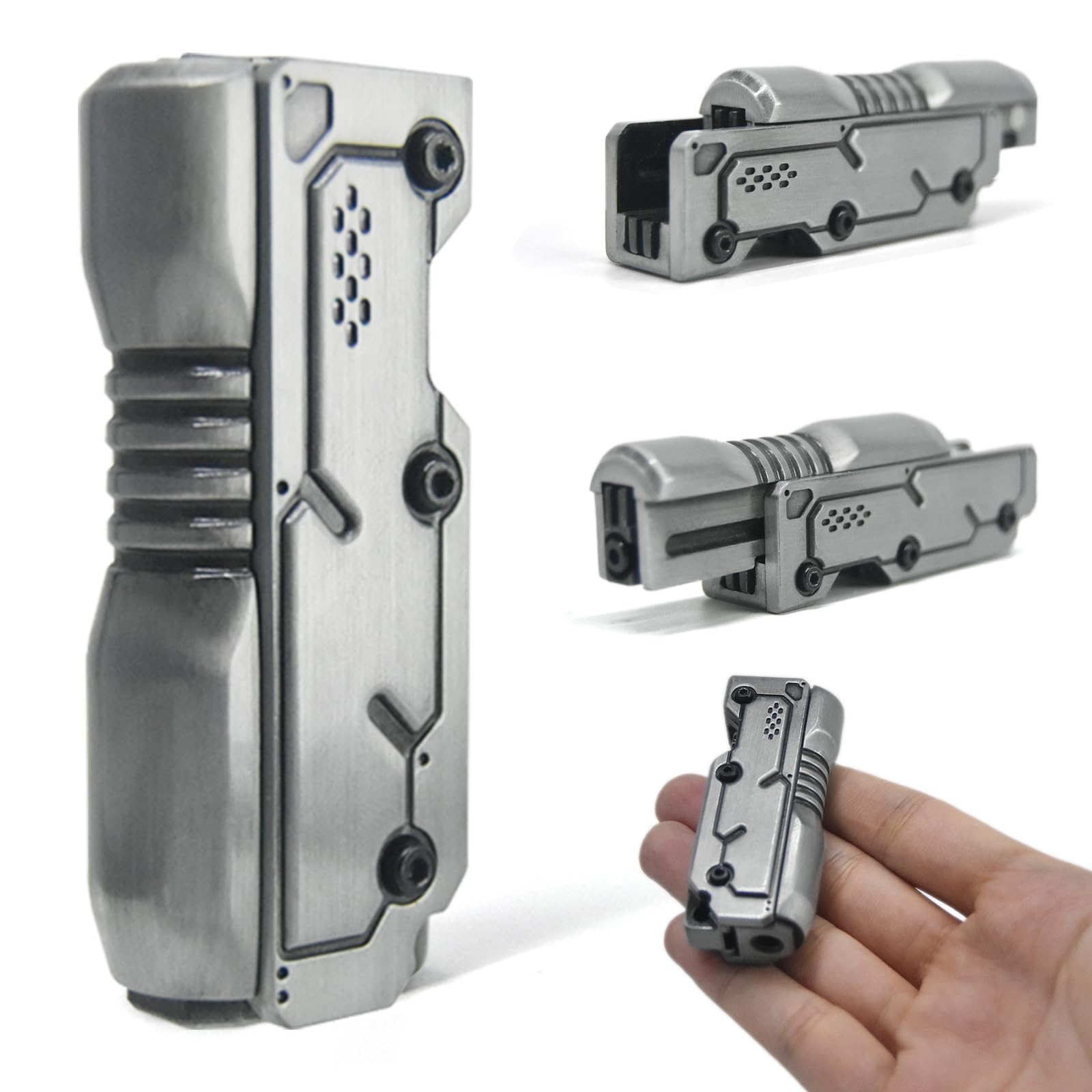 SKEDC Machine Soul Fidget Toy for Adults, Metal Fidget Slider Fidget Clicker Toy, Simulated Loading & Ratchet Play Stress Relief Toy ADHD Tools Cool Gadgets for Men (Silver)-image-3