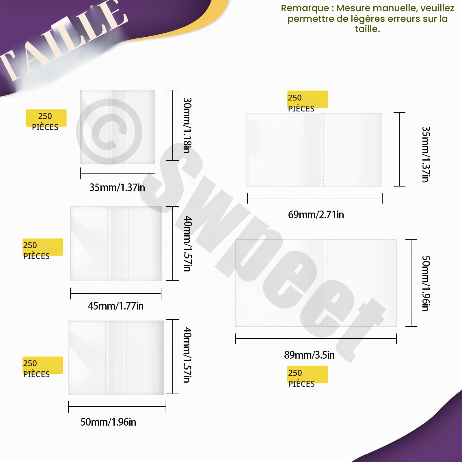 Swpeet Lot de 1250 bandes thermorétractables en PVC transparent 5 tailles 3,5 cm 4,5 cm 5 cm 5 cm 6,9 cm 8,9 cm