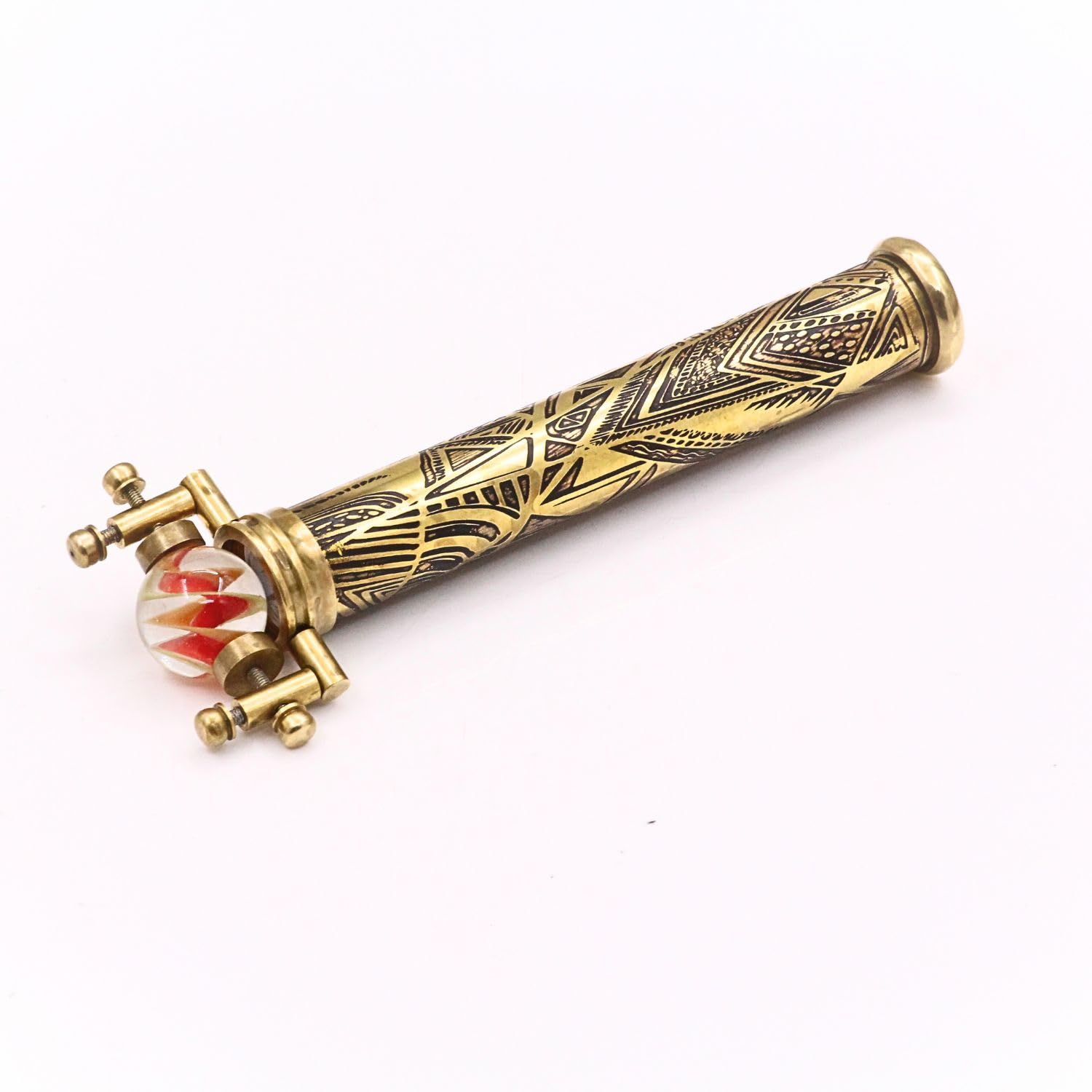 Caleidoscopio grande de latón con cuatro canicas de vidrio intercambiables, mármol retro vintage con soporte de exhibición de madera dura