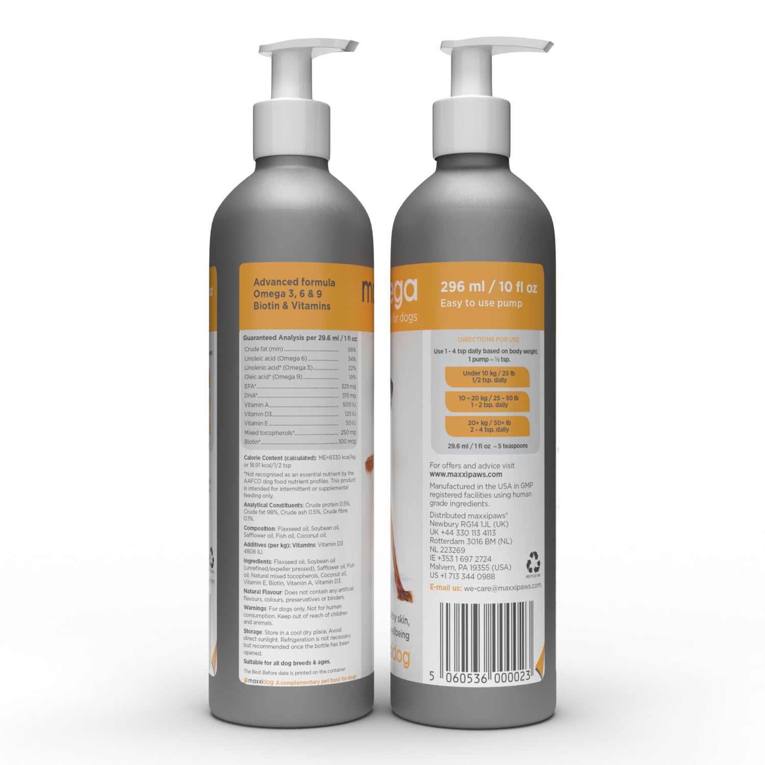 maxxipaws maxxiomega Suplemento de Aceite Omega 3, 6 y 9 para Perros - Soporte para Piel y Pelaje, 296ml