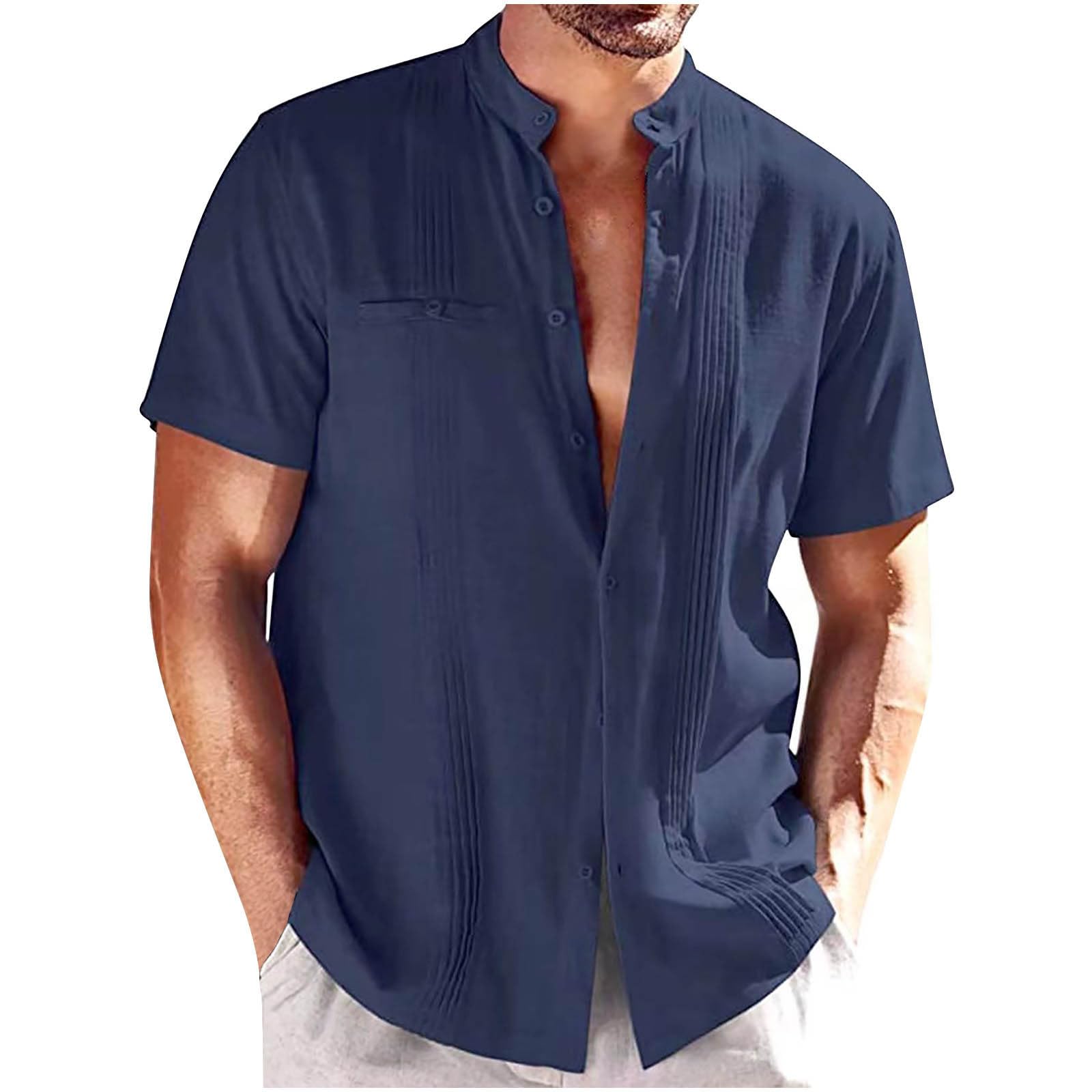 Mens Short Sleeve Dress Shirts Casual Stand Collar Button Down Shirts Classic Loose Fit Solid Pleat Formal Shirt