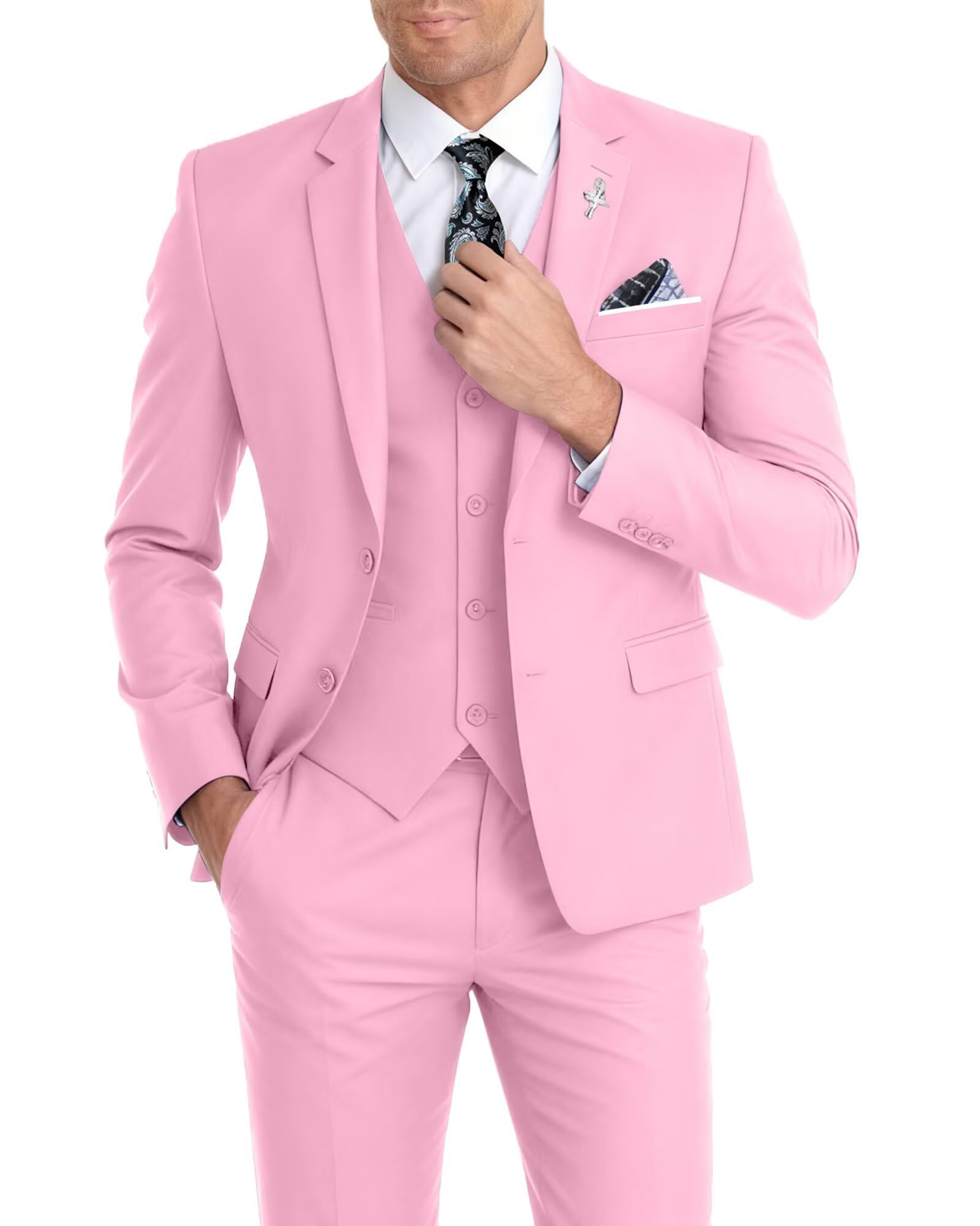 Mens Suit 3 Piece Set Slim Fit Wedding Groomsmen Suit for Men Two Buttons Suits Set Solid Jacket Vest Pants with Tie