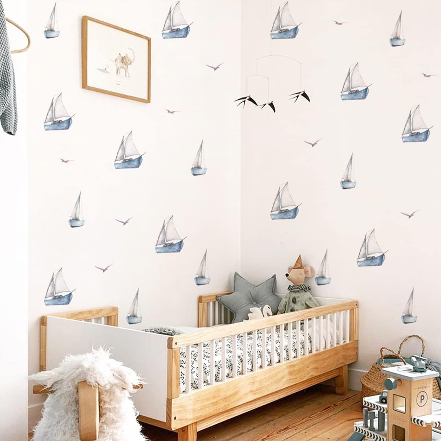 Watercolor Sailboat Wall Decals Peel and Stick, Seagull Wall Sticker for Baby Boys Room Kids Room Playroom Gender Neutral Room Nursery Wall Art Stickers Decor