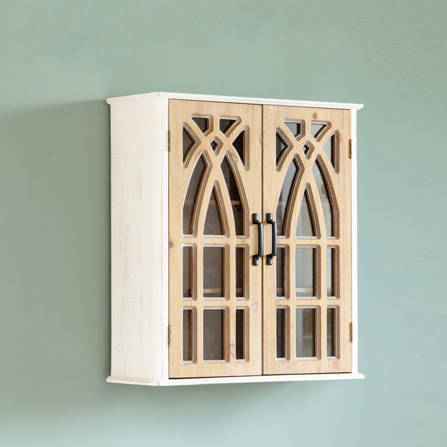 HaigopaDouble Door Wall Mounted Cabinet - Rustic Wood Bathroom Storage with Glass Insert, Farmhouse Style Vintage Hanging Cabinet, Fully Assembled