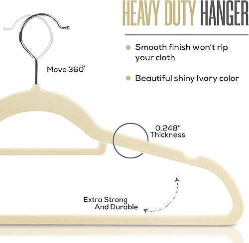 Miniatura 5 de Utopia Home Perchas de terciopelo de alta calidad, paquete de 20 unidades, perchas antideslizantes con barra de amarre, perchas color marfil,